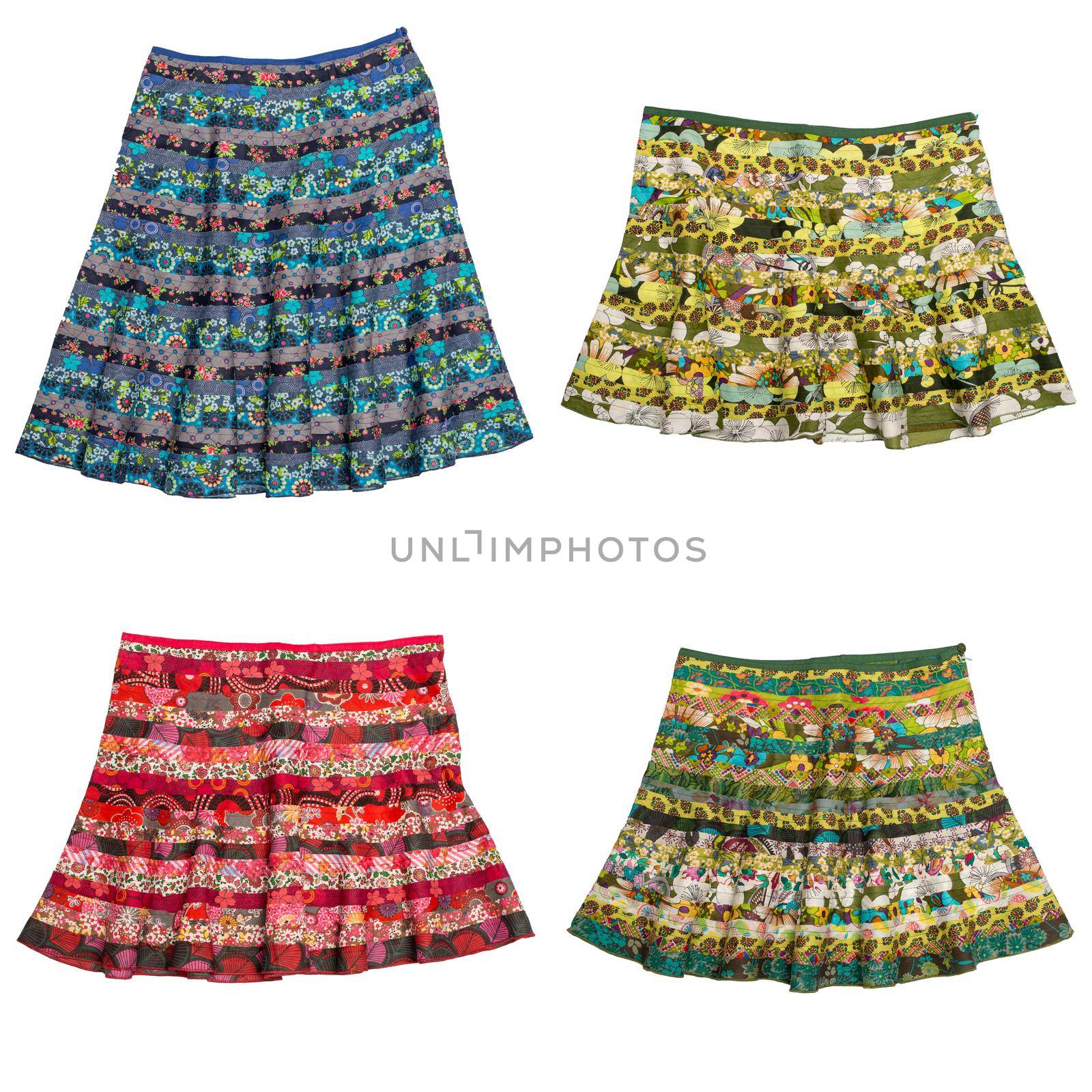 Colorful indian style patchwork skirts isolated on white background.