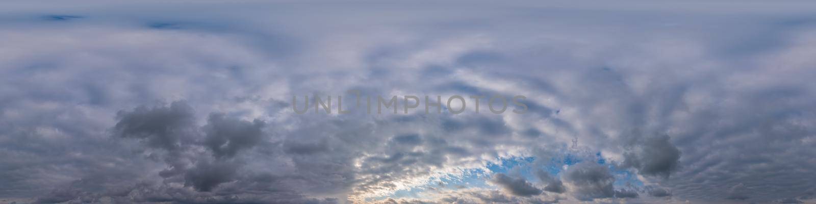 Overcast sky panorama on sunset with Cumulus clouds in Seamless spherical equirectangular format as full zenith for use in 3D graphics, game and aerial drone 360 degree panoramas for sky replacement. by Matiunina
