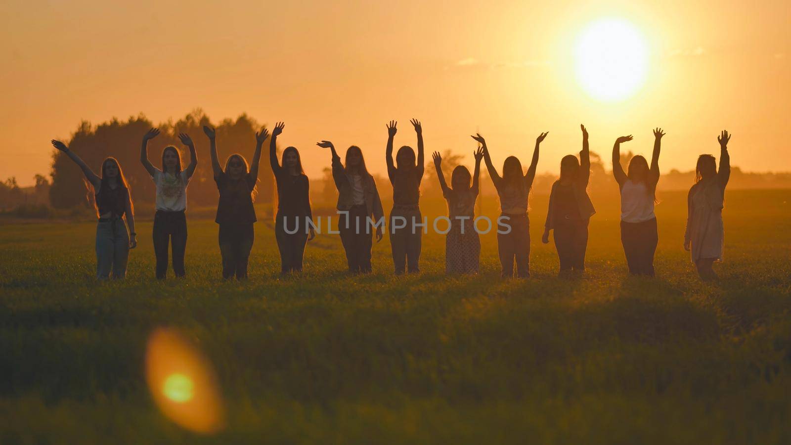 Silhouette of friends of 11 girls waving their hands at sunset in the field. by DovidPro