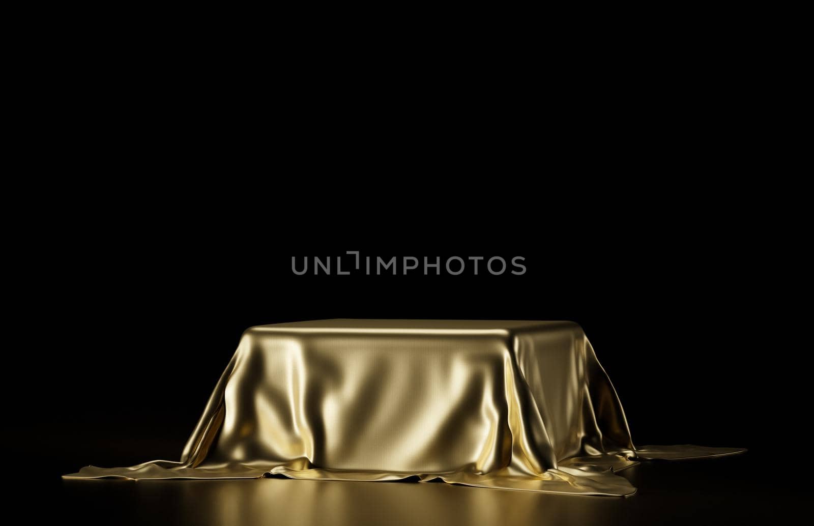 An empty pedestal covered with a golden cloth, 3D rendering illustration.