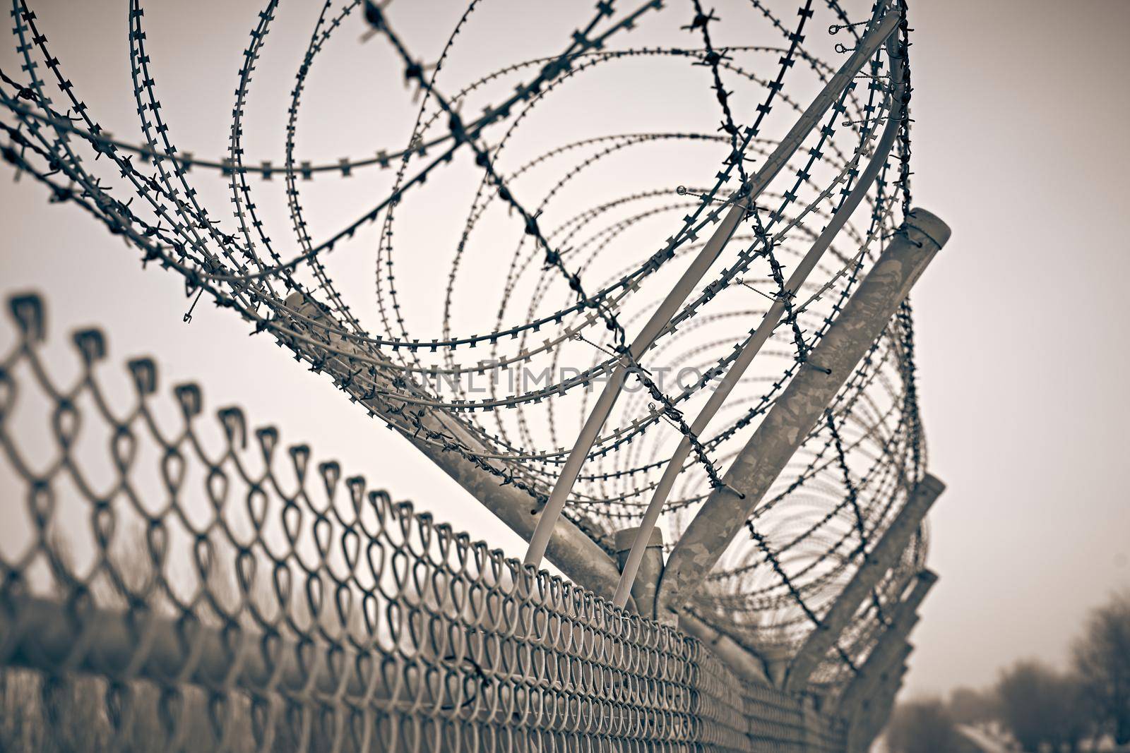 Restricted area barbed fence. Barrier border. Boundary security wall.