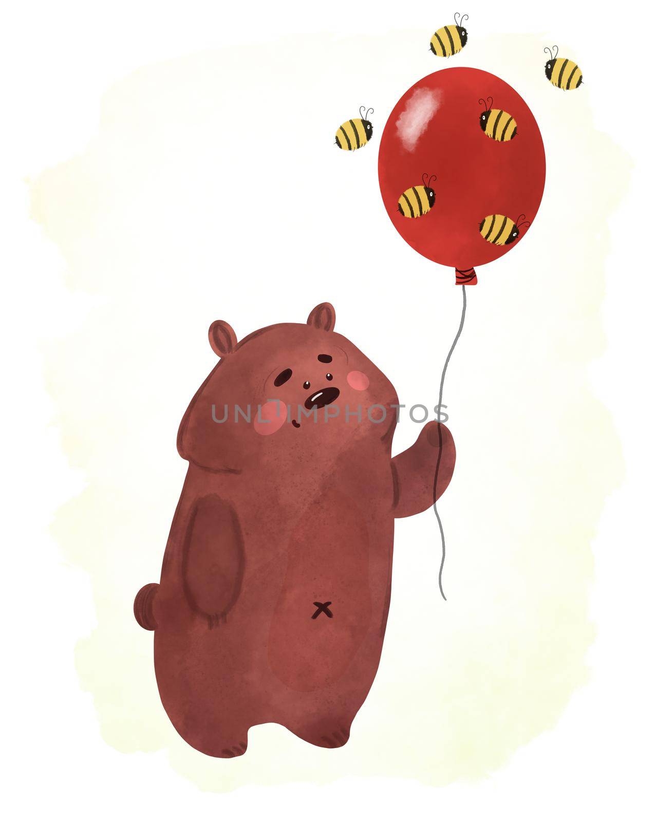 Cute bear with red balloon and bees, watercolor illustration.