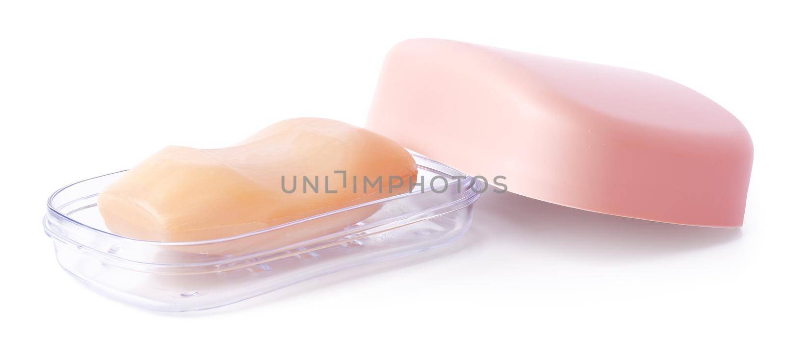 Soap and soap box isolated on a white background, close up