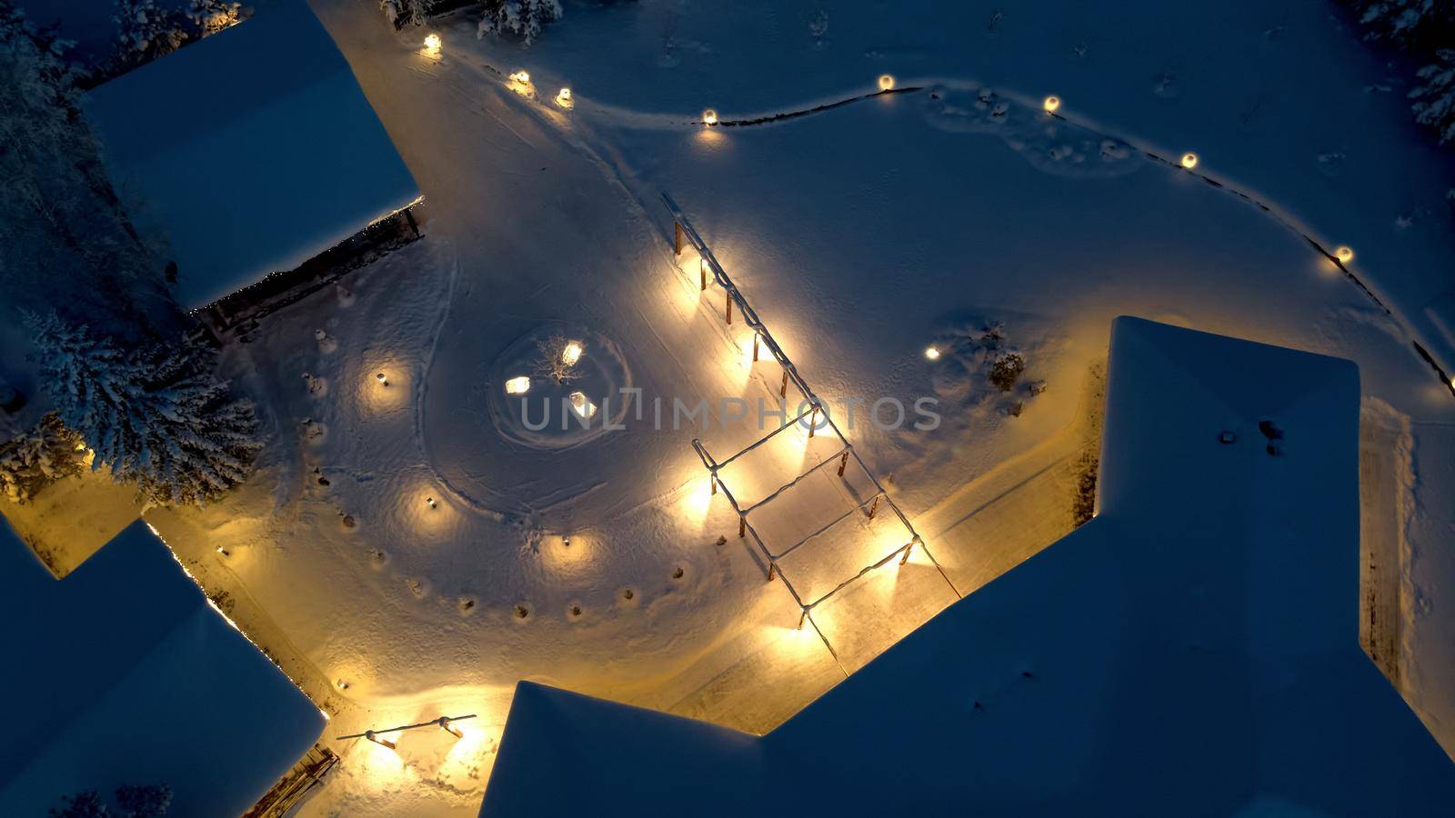 House illumination from drone in winter time. High quality photo