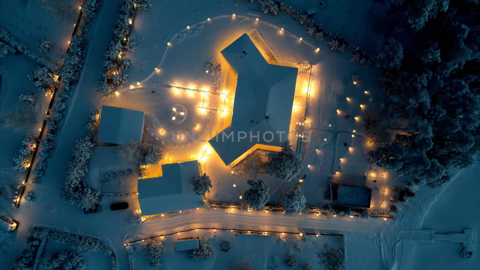 House illumination from drone in winter time. High quality photo