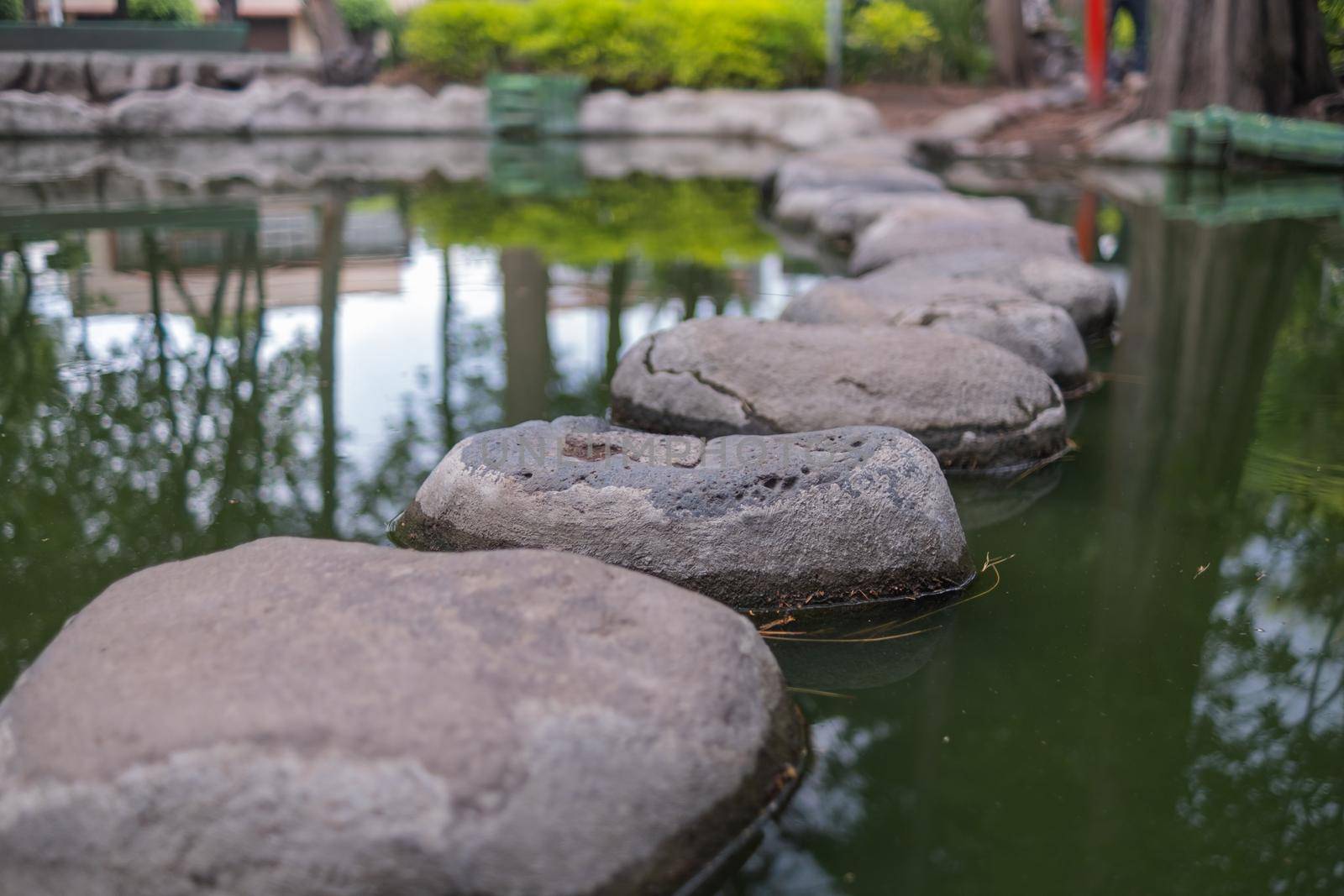 Close-up of stepping stones path on pond with blurry trees as background. Peaceful view of greenish water and rocks in Masayoshi Ohira Park. Classic architecture and outdoors