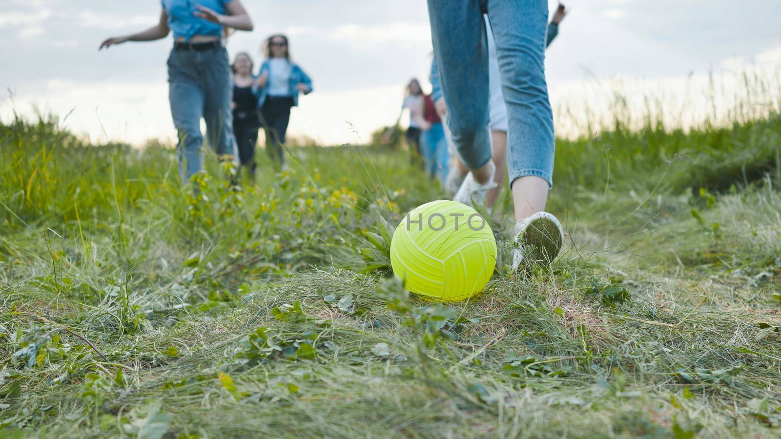 Cheerful girls play football in the meadow