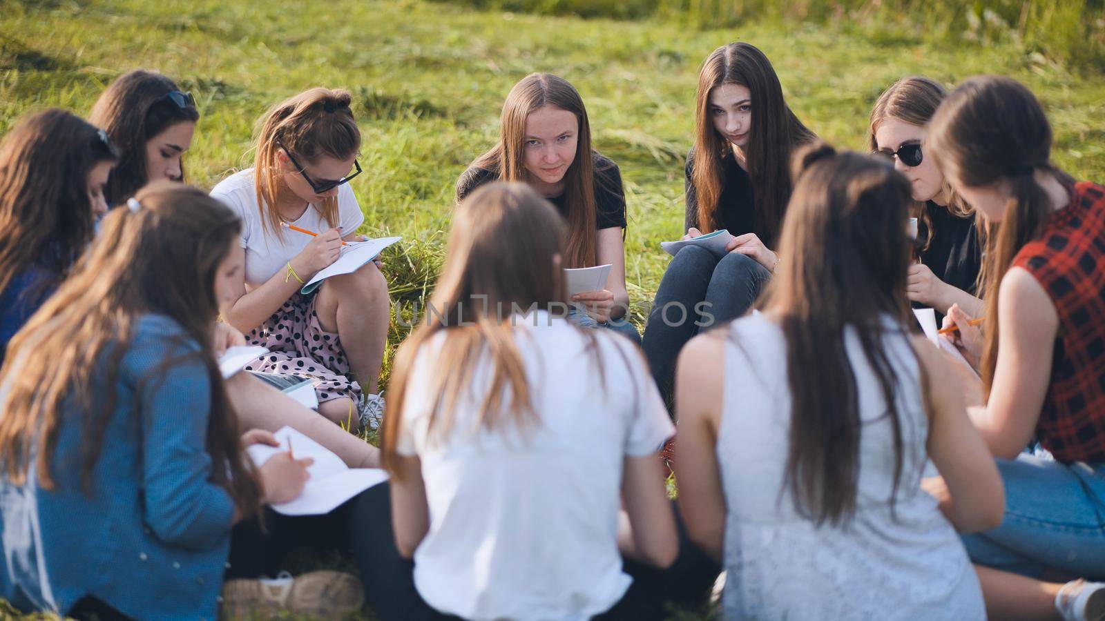 A group of female students are sitting in a circle on a meadow for collective work with notebooks. by DovidPro