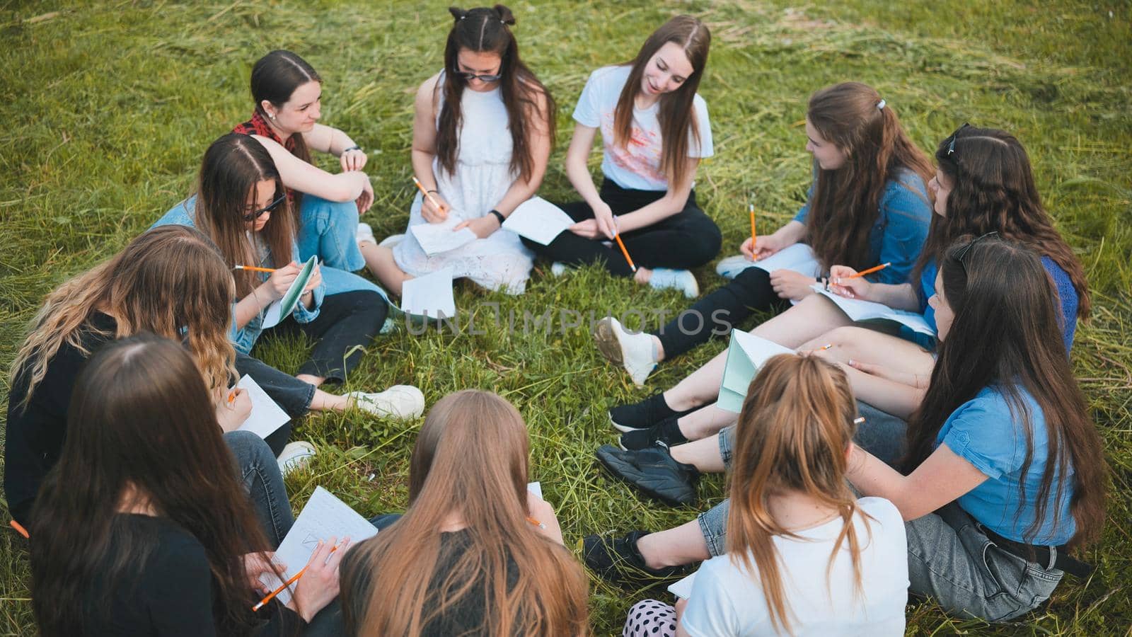 A group of female students are sitting in a circle on a meadow for collective work with notebooks. by DovidPro