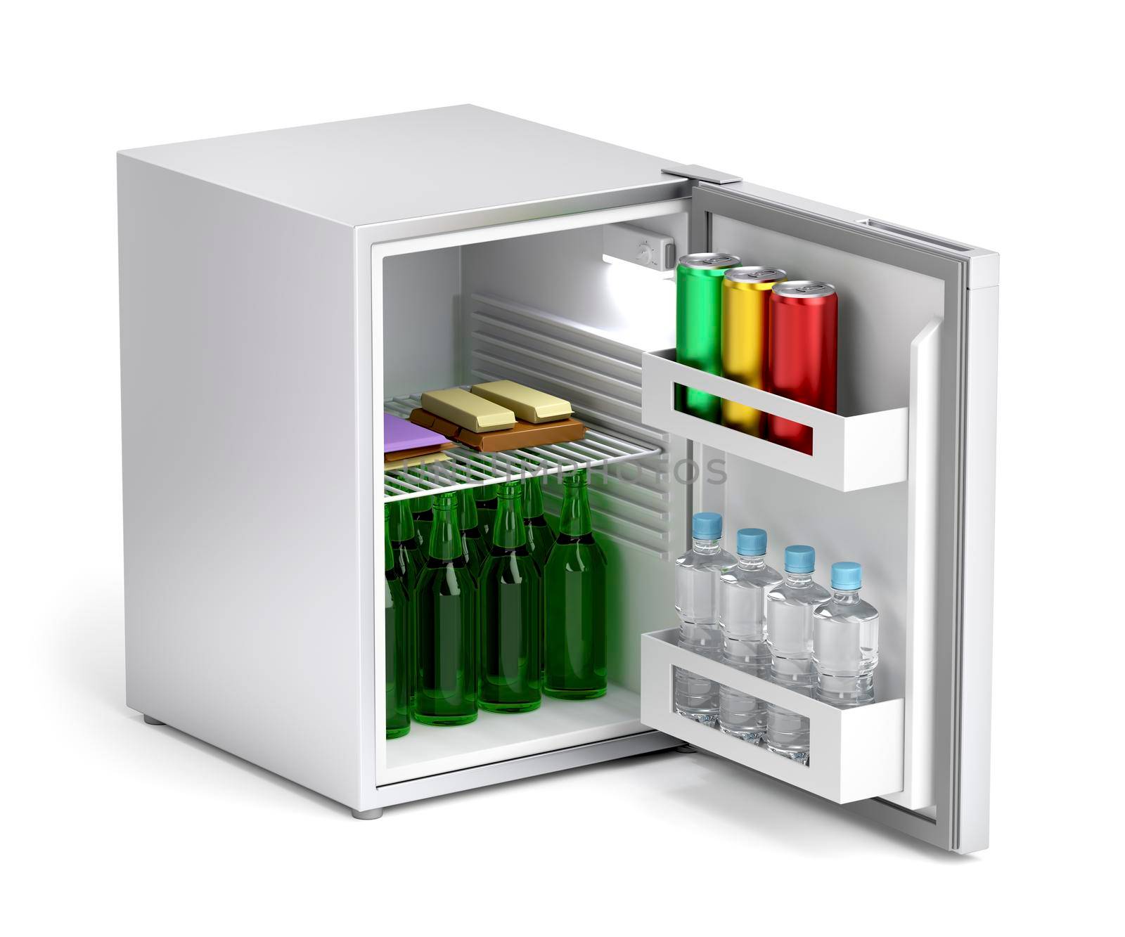 Minibar refrigerator with drinks and snacks by magraphics