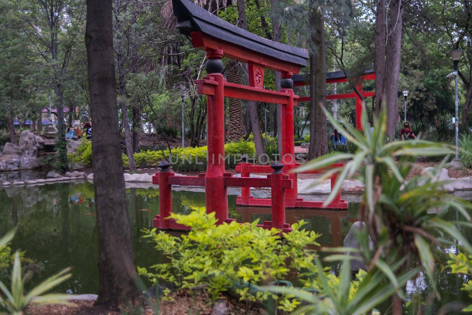 Traditional Japanese gate above pond in Masayoshi Ohira Park, Mexico City. Beautiful view of greenish water and authentic red Asian structure surrounded by trees. Classic architecture and outdoors