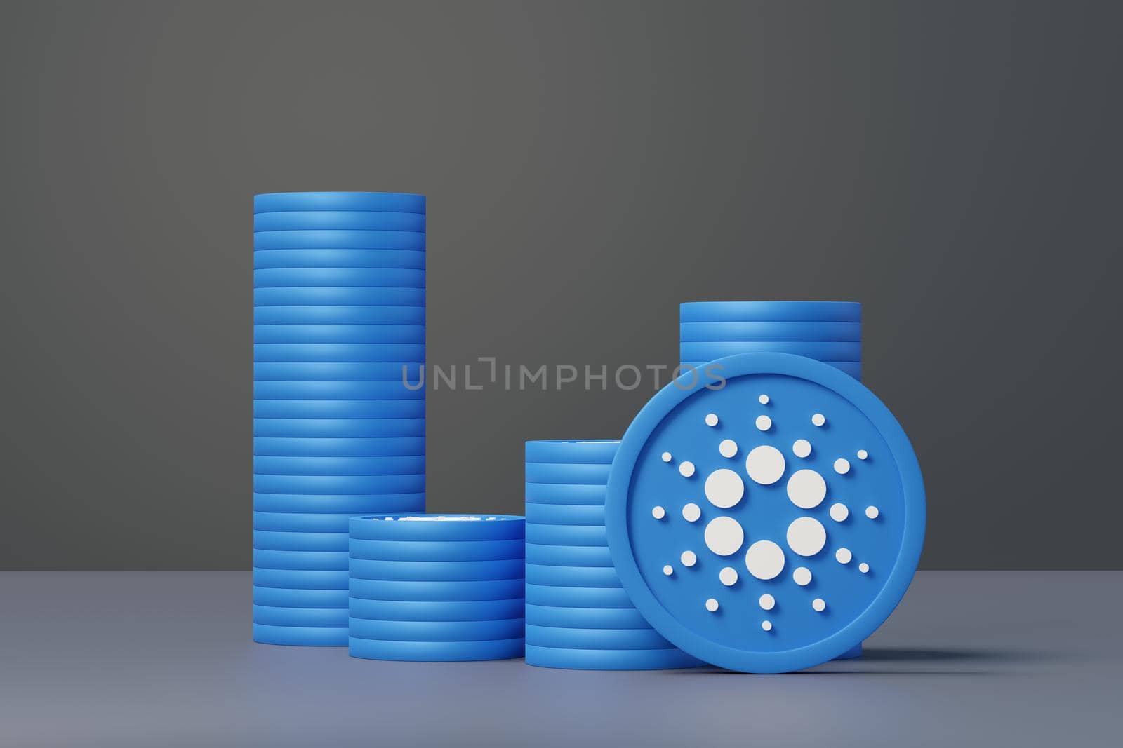 3d render stack of cryptocurrencies Cardano coins or ADA. Cryptocurrency digital currency concept. New virtual money exchange in blockchain. by tanatpon13p