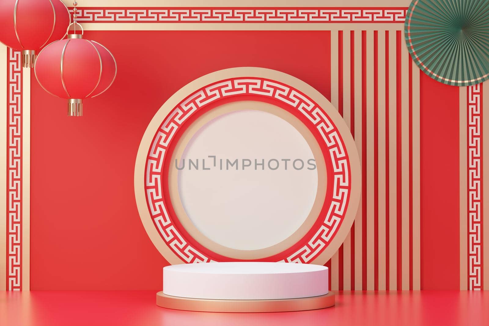 3d rendering of minimal scene of blank podium with Chinese lunar new year theme. Display stand for product presentation mock up. Chinese traditional texture.  by tanatpon13p