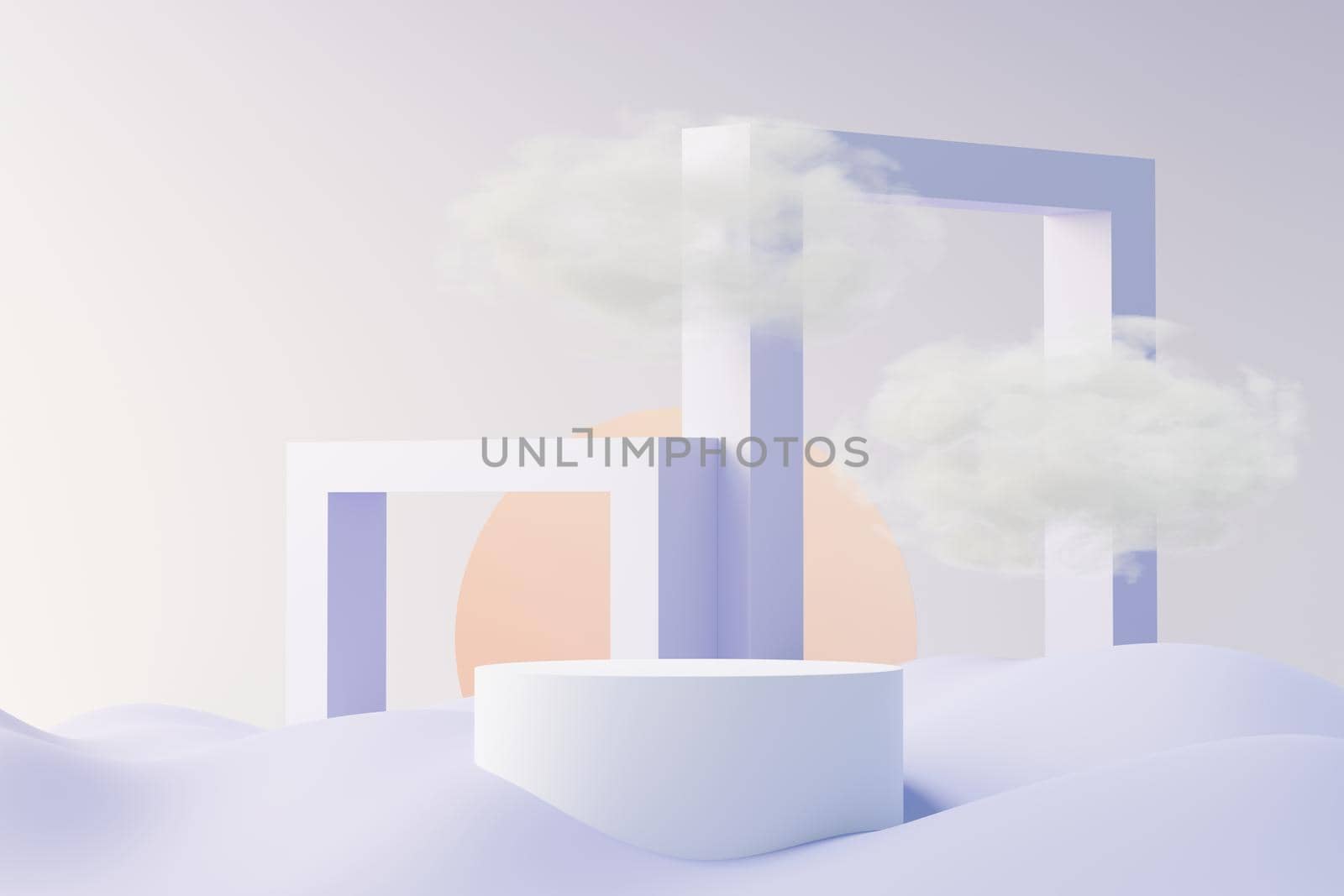 3d render of Beauty podium with Very Peri color of the year 2022 design for product presentation and advertising. Minimal pastel sky and Dreamy land scene. Romance concept.