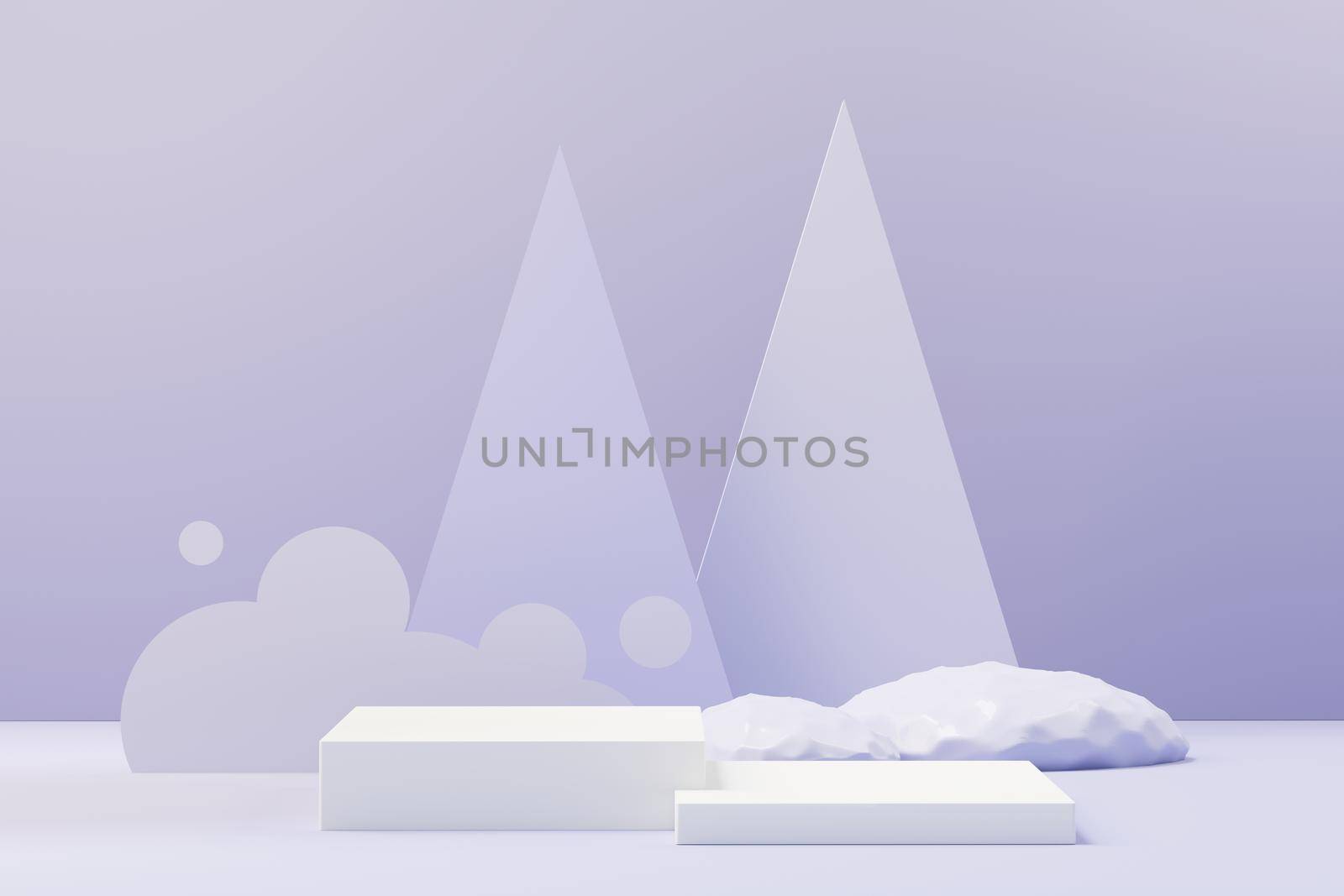 3d render of Beauty podium with Very Peri color of the year 2022 design for product presentation and advertising. Minimal pastel sky and Dreamy land scene. Romance concept.