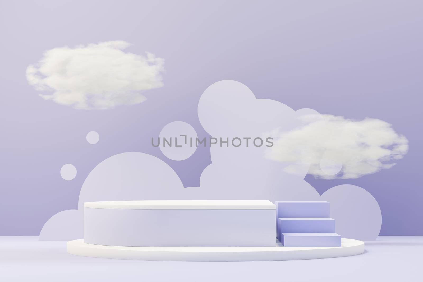 3d render of Beauty podium with Very Peri color of the year 2022 design for product presentation and advertising. Minimal pastel sky and Dreamy land scene. Romance concept.