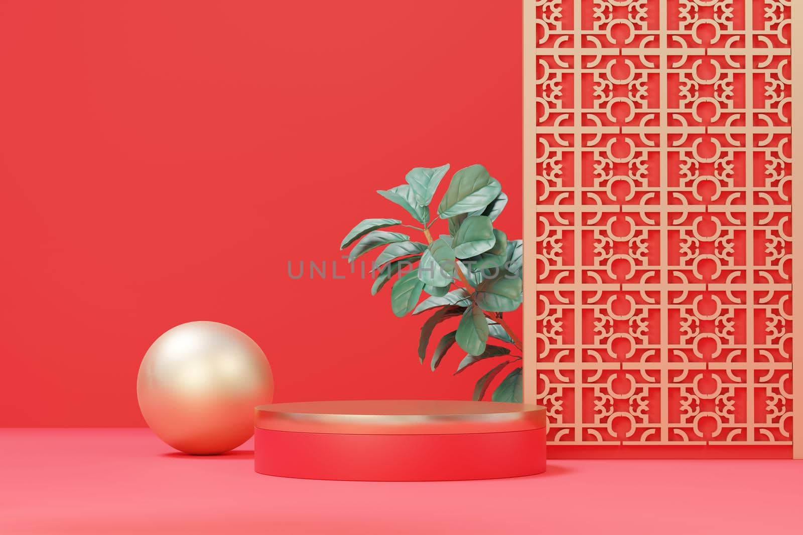 3d rendering of minimal scene of blank podium with Chinese lunar new year theme. Display stand for product presentation mock up. Chinese traditional texture.  by tanatpon13p
