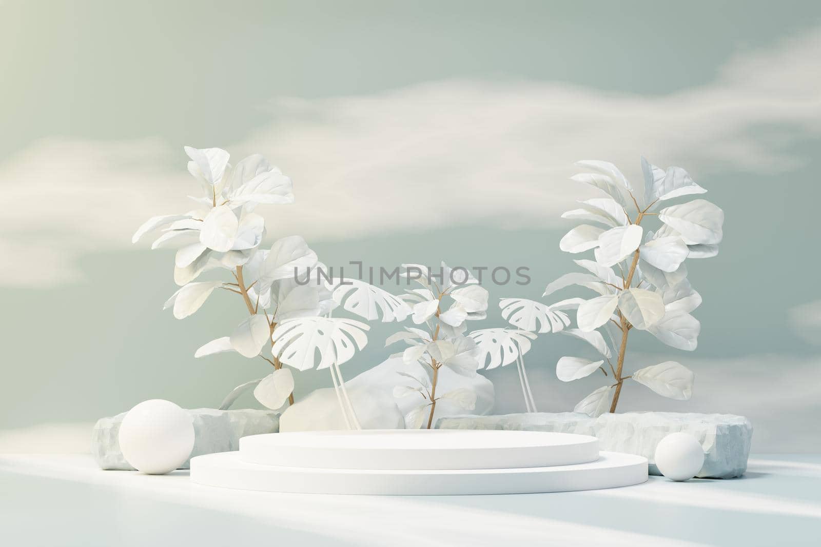 3d render of abstract pedestal podium display with Tropical leaves and Blue sky clouds pastel and plant scene. Product and promotion concept for advertising. Blue pastel natural background. by tanatpon13p