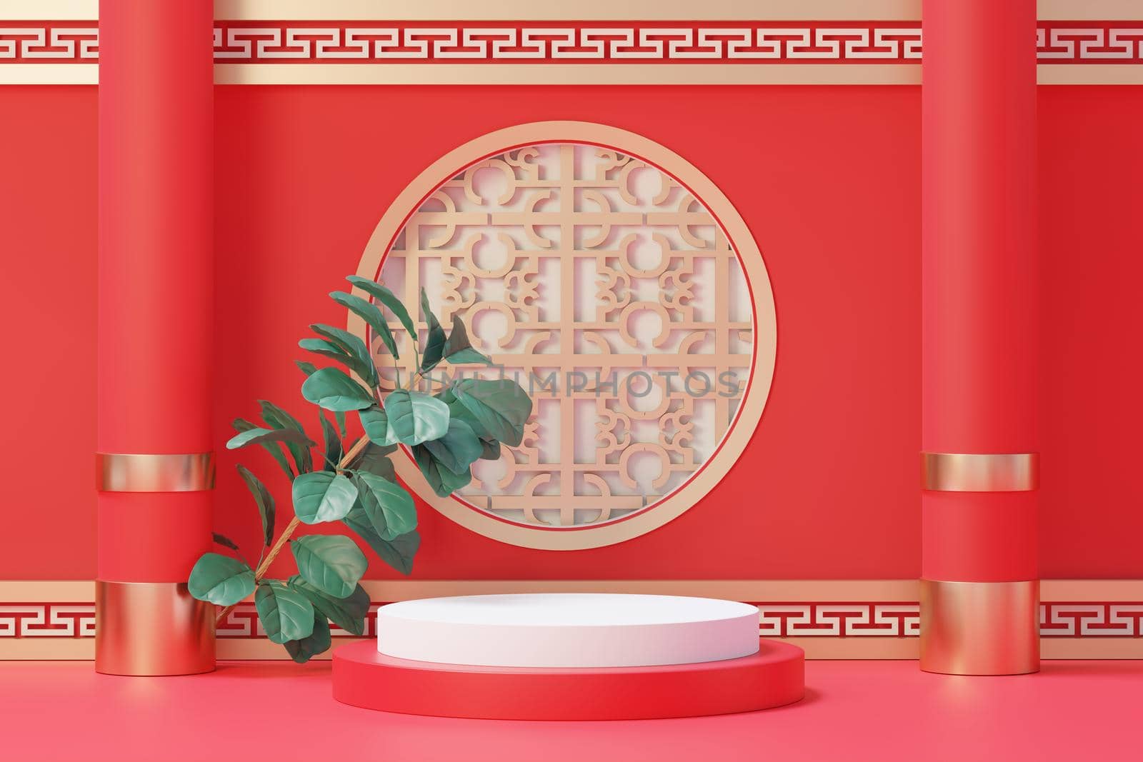 3d rendering of minimal scene of blank podium with Chinese lunar new year theme. Display stand for product presentation mock up. Chinese traditional texture.  by tanatpon13p