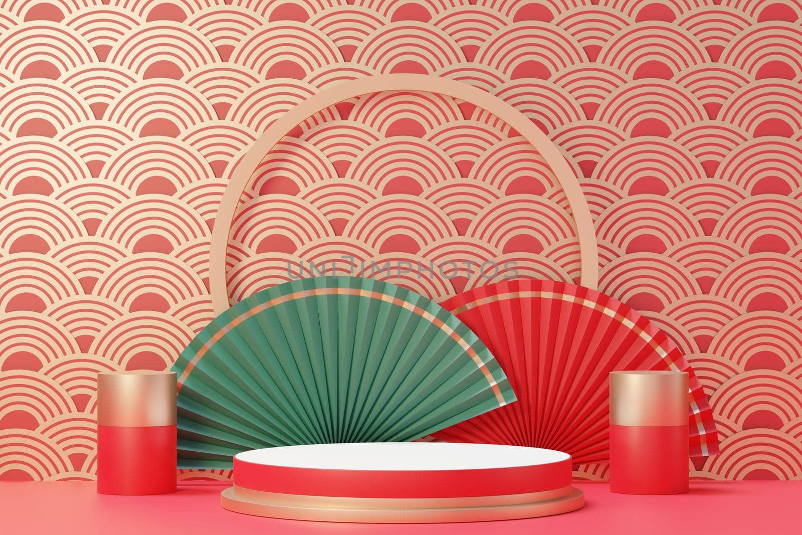 3d rendering of minimal scene of blank podium with Chinese lunar new year theme. Display stand for product presentation mock up. Cylinder stage in Chinese traditional texture with simple design.