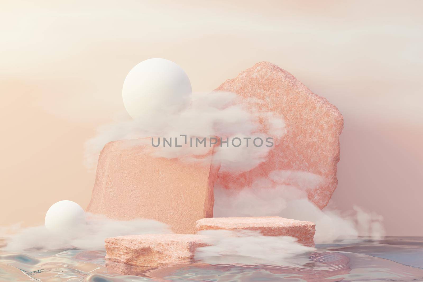 3d Beauty premium pedestal product display with Dreaming land and fluffy cloud. Minimal pink sky and clouds scene for present product promotion and beauty cosmetics. Romance land of Dreams concept. by tanatpon13p