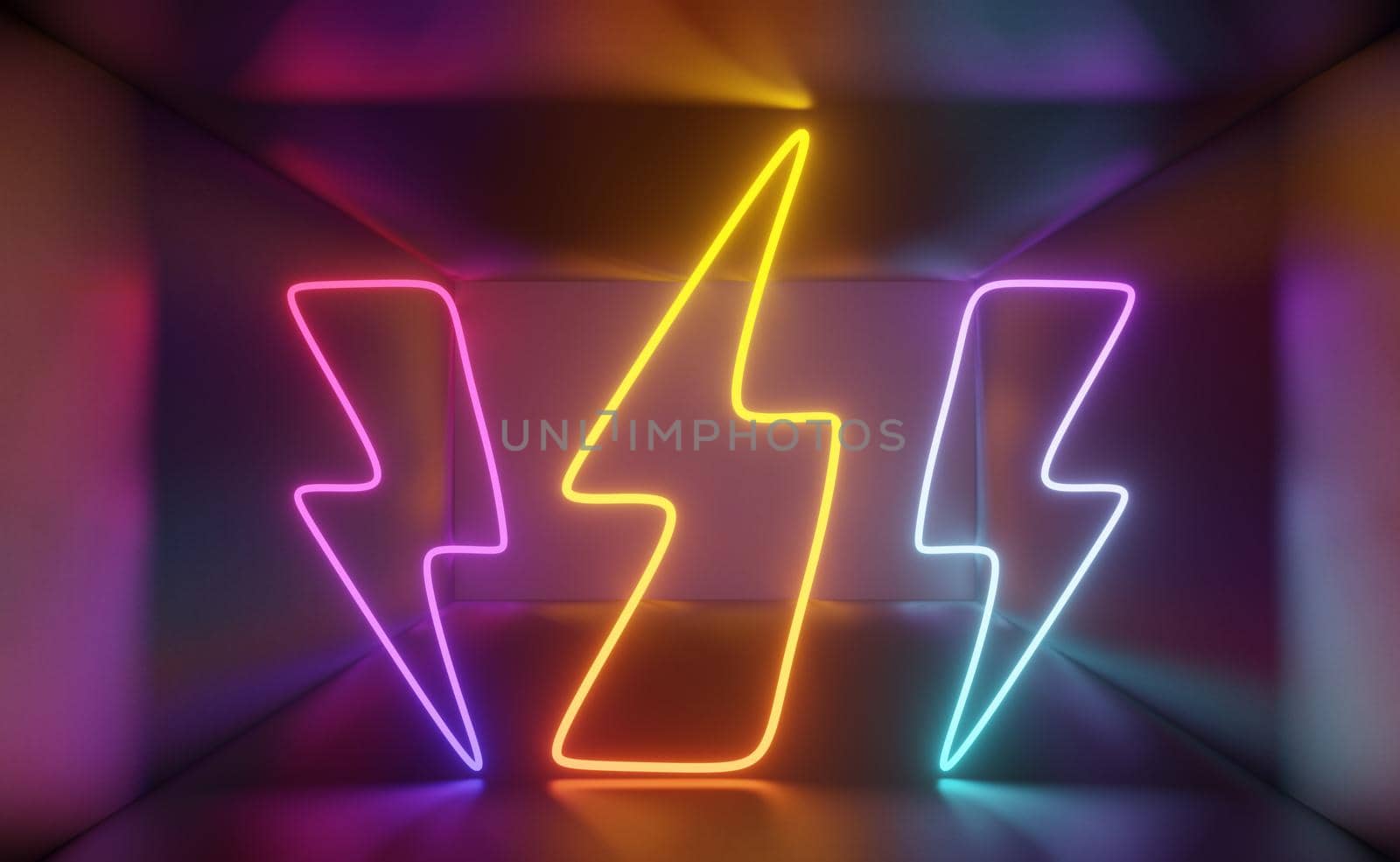 3d render of RGB neon light on darkness background. Abstract Laser lines show at night. Ultraviolet spectrum beam scene for mock up and web banner.