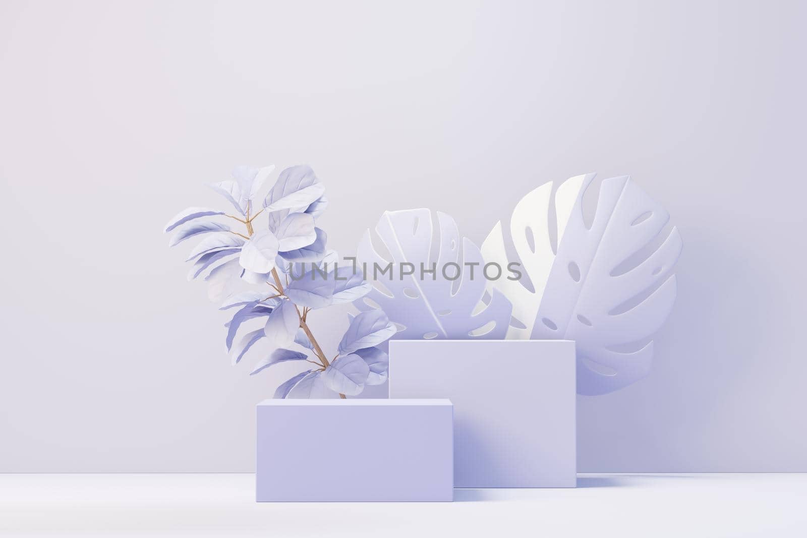 3d render of Beauty podium with Very Peri color of the year 2022 design for product presentation and advertising. Minimal pastel sky and Dreamy land scene. Romance concept.