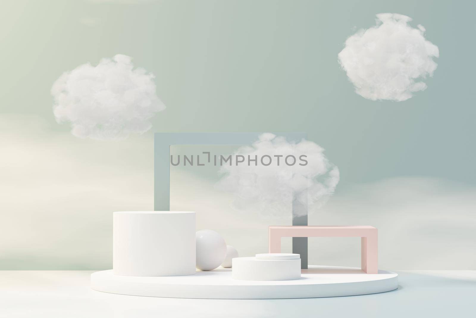 3d Beauty premium pedestal product display with Dreaming land and fluffy cloud. Minimal blue sky and clouds scene for present product promotion and beauty cosmetics. Romance land of Dreams concept.  by tanatpon13p
