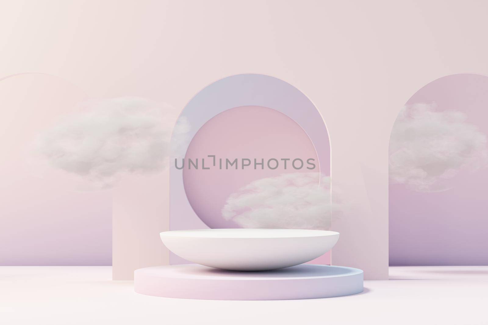 3d Beauty premium pedestal product display with Dreaming land and fluffy cloud. Minimal pastel sky and clouds scene for present product promotion and beauty cosmetics. Romance land of Dreams concept.