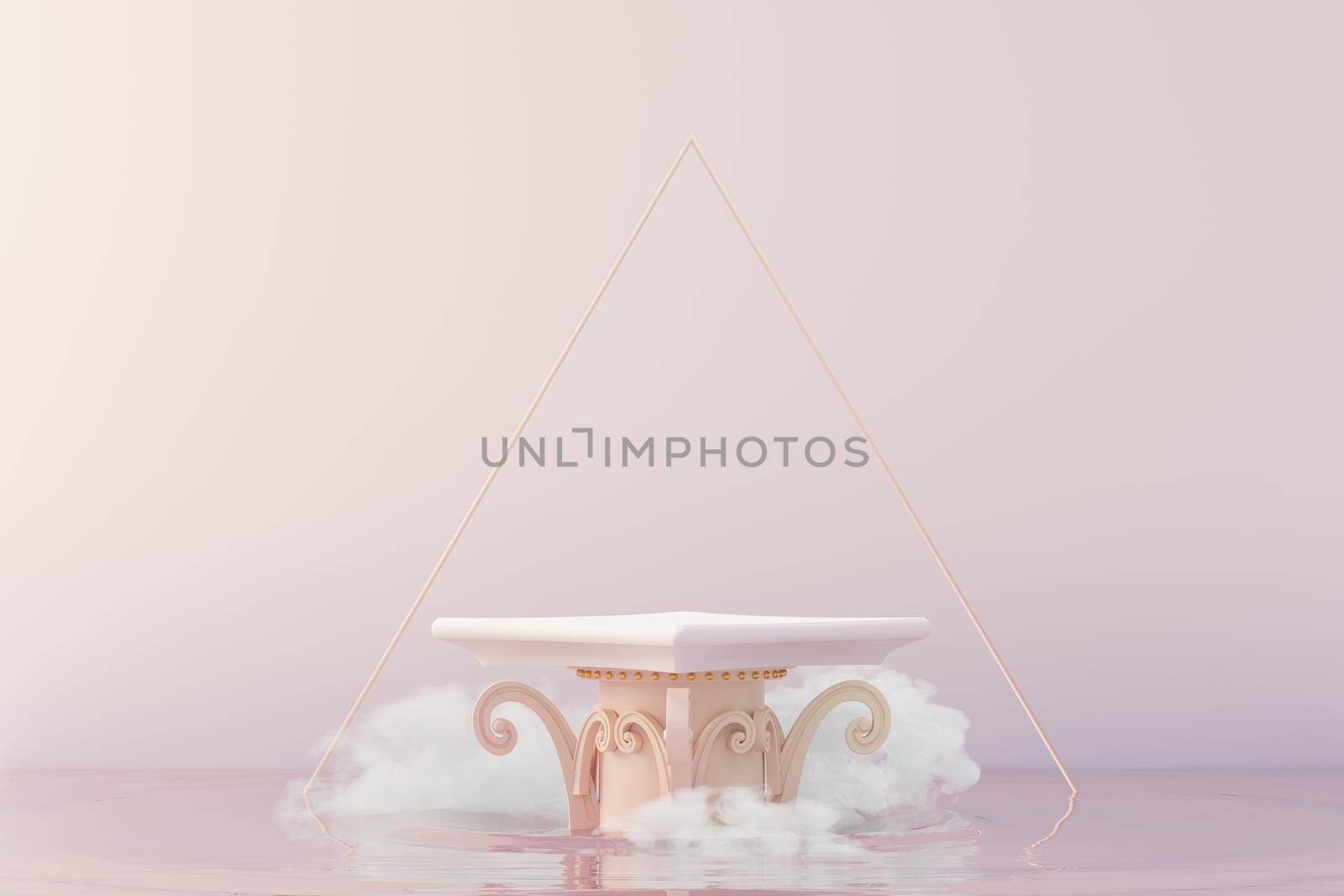 3d Beauty premium pedestal product display with Dreaming land and fluffy cloud. Minimal pastel sky and clouds scene for present product promotion and beauty cosmetics. Romance land of Dreams concept.