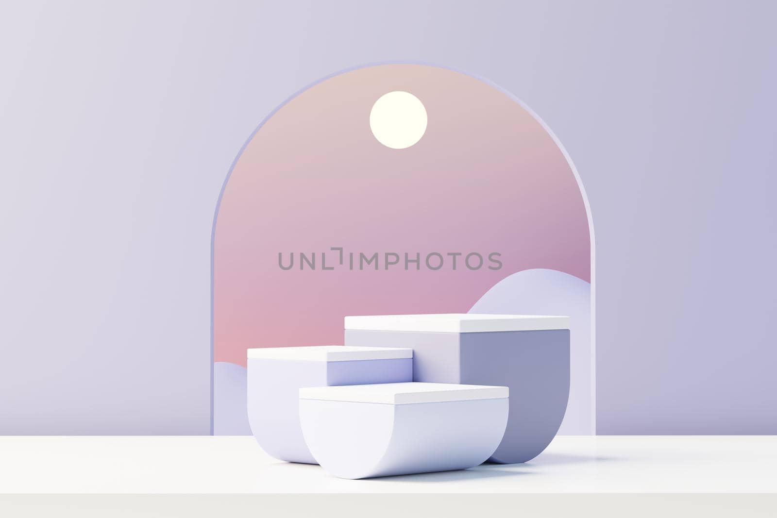 3d render of Beauty podium with Very Peri color of the year 2022 design for product presentation and advertising. Minimal pastel sky and Dreamy land scene. Romance concept. by tanatpon13p