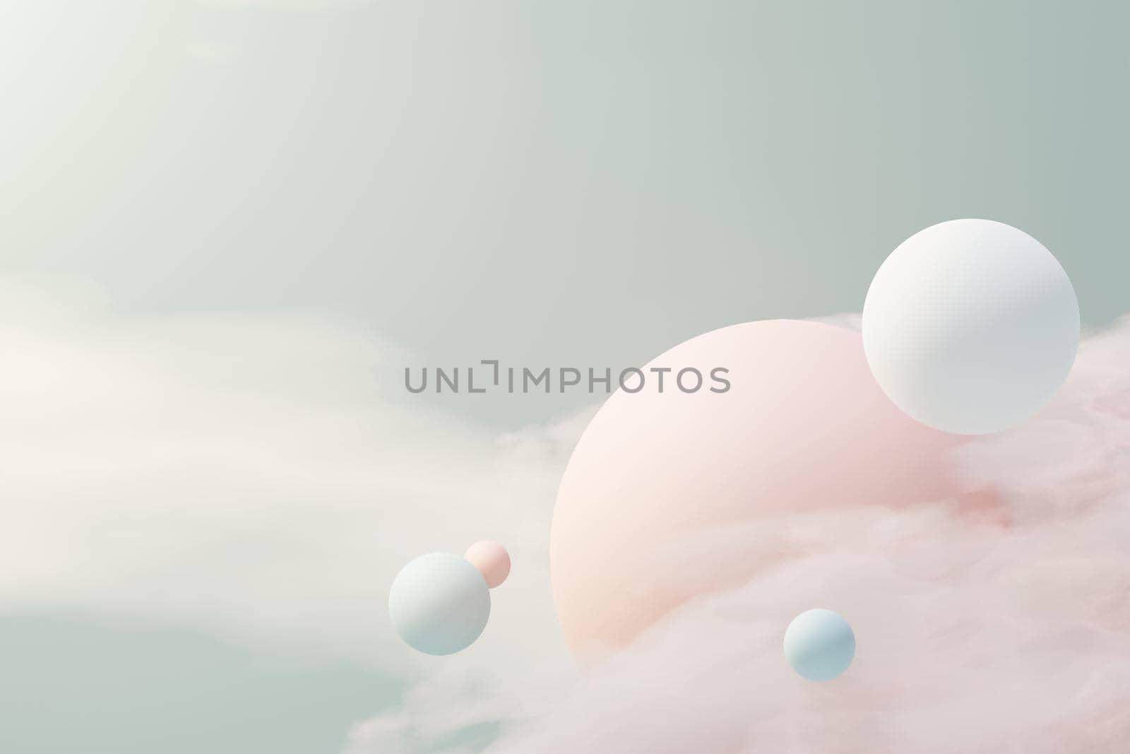 3d render of pastel ball, soaps bubbles, blobs that floating on the air with fluffy clouds and ocean. Romance land of dream scene. Natural abstract dreamy sky.