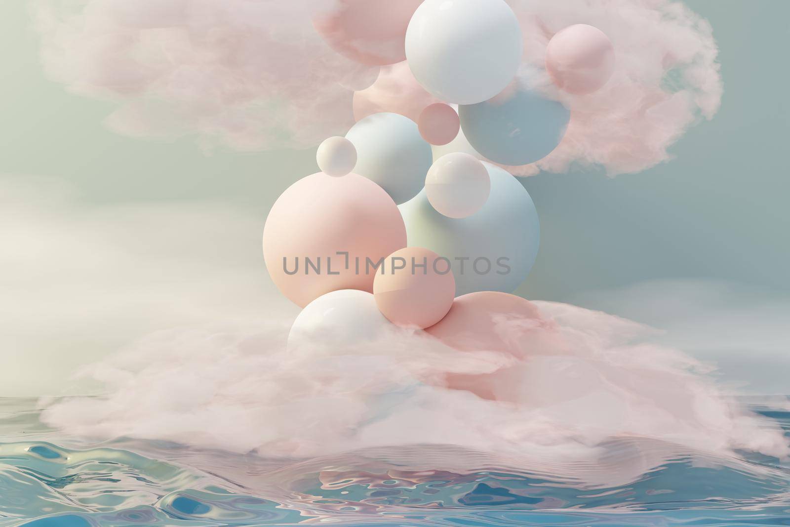 3d render of pastel ball, soaps bubbles, blobs that floating on the air with fluffy clouds and ocean. Romance land of dream scene. Natural abstract dreamy sky. by tanatpon13p