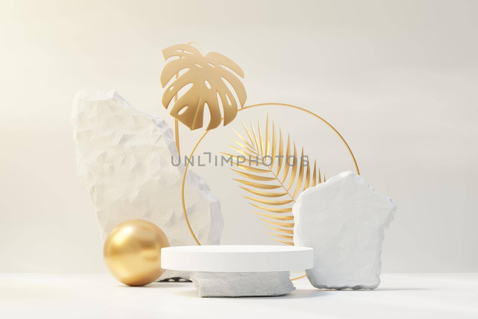 3d render of rock podium display with Tropical nature scene. Product and promotion concept for advertising. Abstract Stone pedestal for presentation objects.