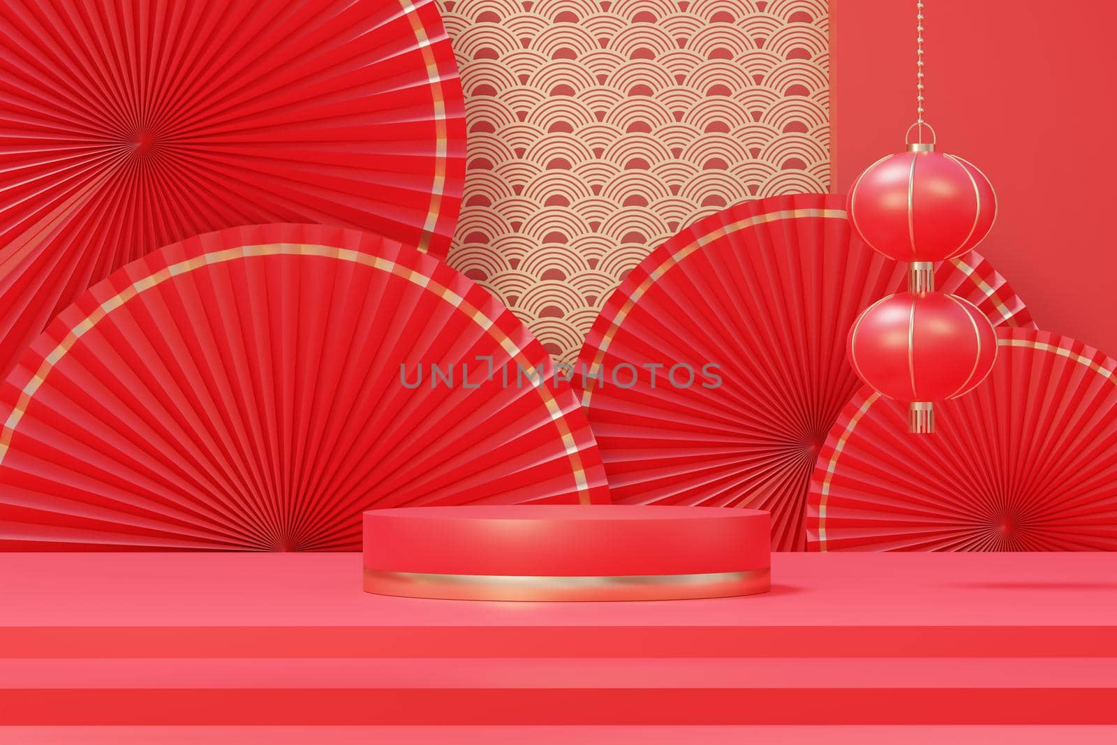 3d rendering of minimal scene of blank podium with Chinese lunar new year theme. Display stand for product presentation mock up. Cylinder stage in Chinese traditional texture with simple design.