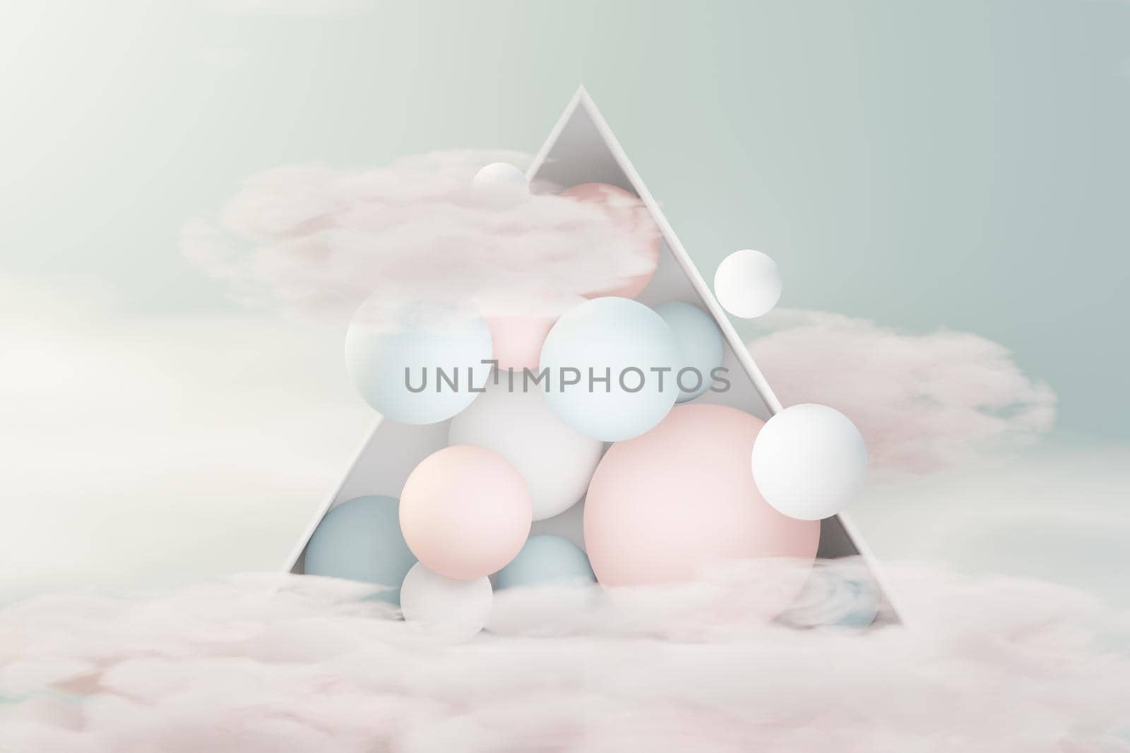 3d render of pastel ball, soaps bubbles, blobs that floating on the air with fluffy clouds and ocean. Romance land of dream scene. Natural abstract dreamy sky. by tanatpon13p