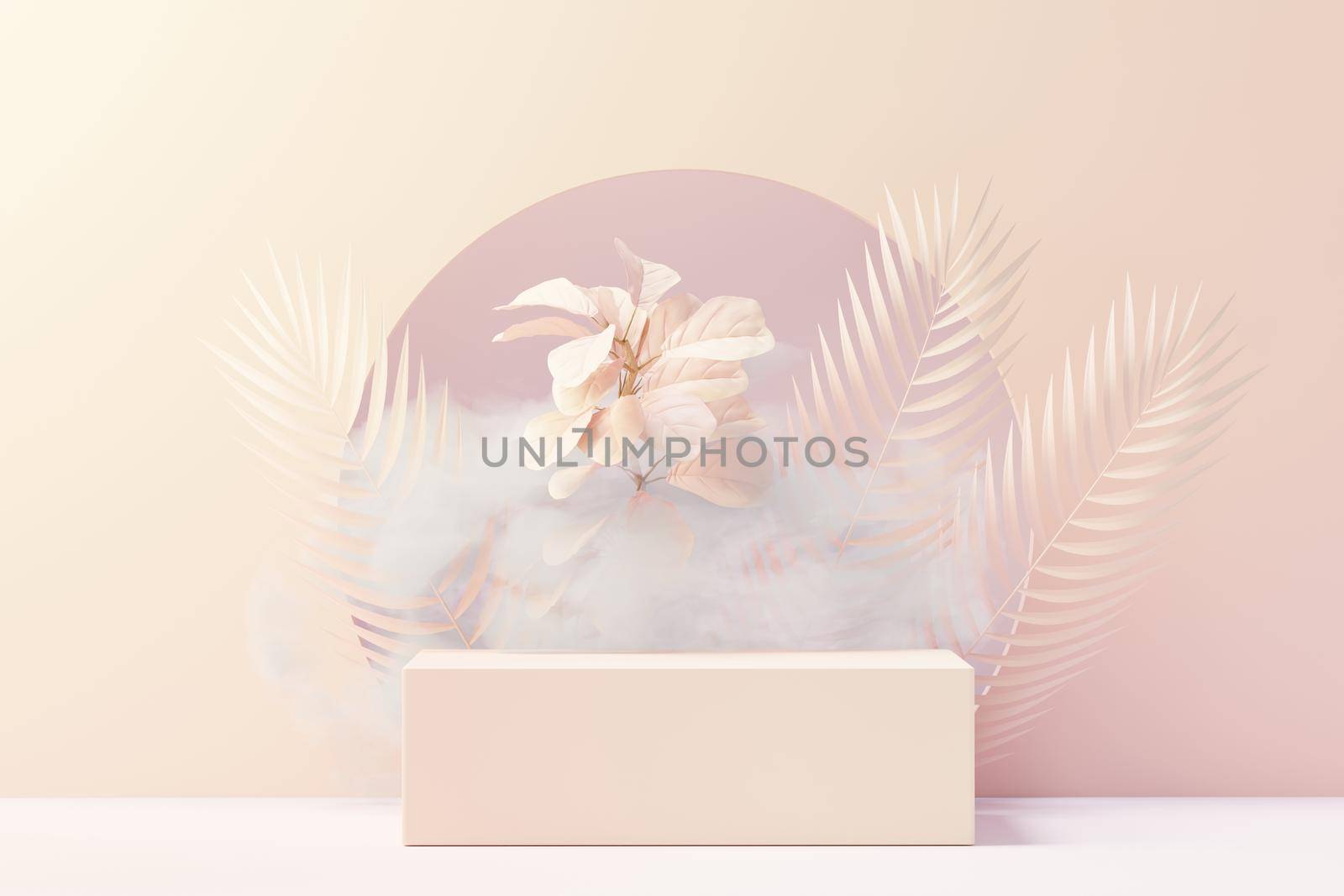 3d Beauty premium pedestal product display with Dreaming land and fluffy cloud. Minimal pastel sky and clouds scene for present product promotion and beauty cosmetics. Romance land of Dreams concept. by tanatpon13p