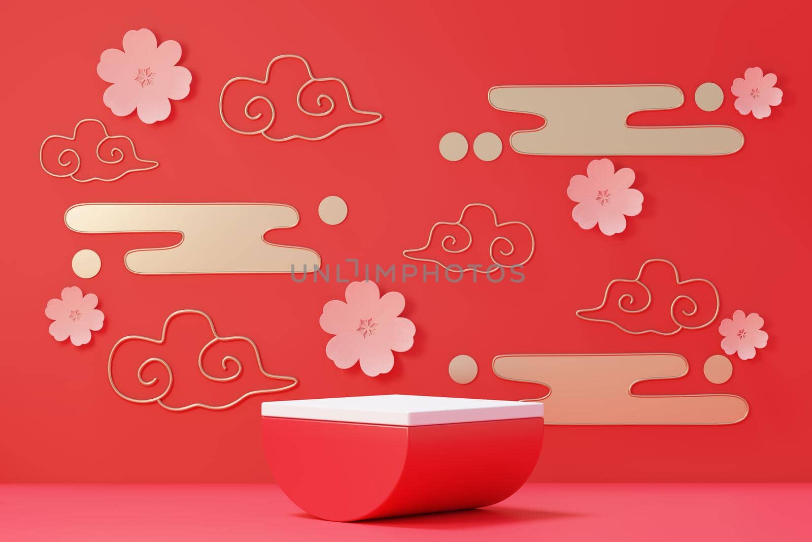 3d rendering of minimal scene of blank podium with Chinese lunar new year theme. Display stand for product presentation mock up. Cylinder stage in Chinese traditional texture with simple design.