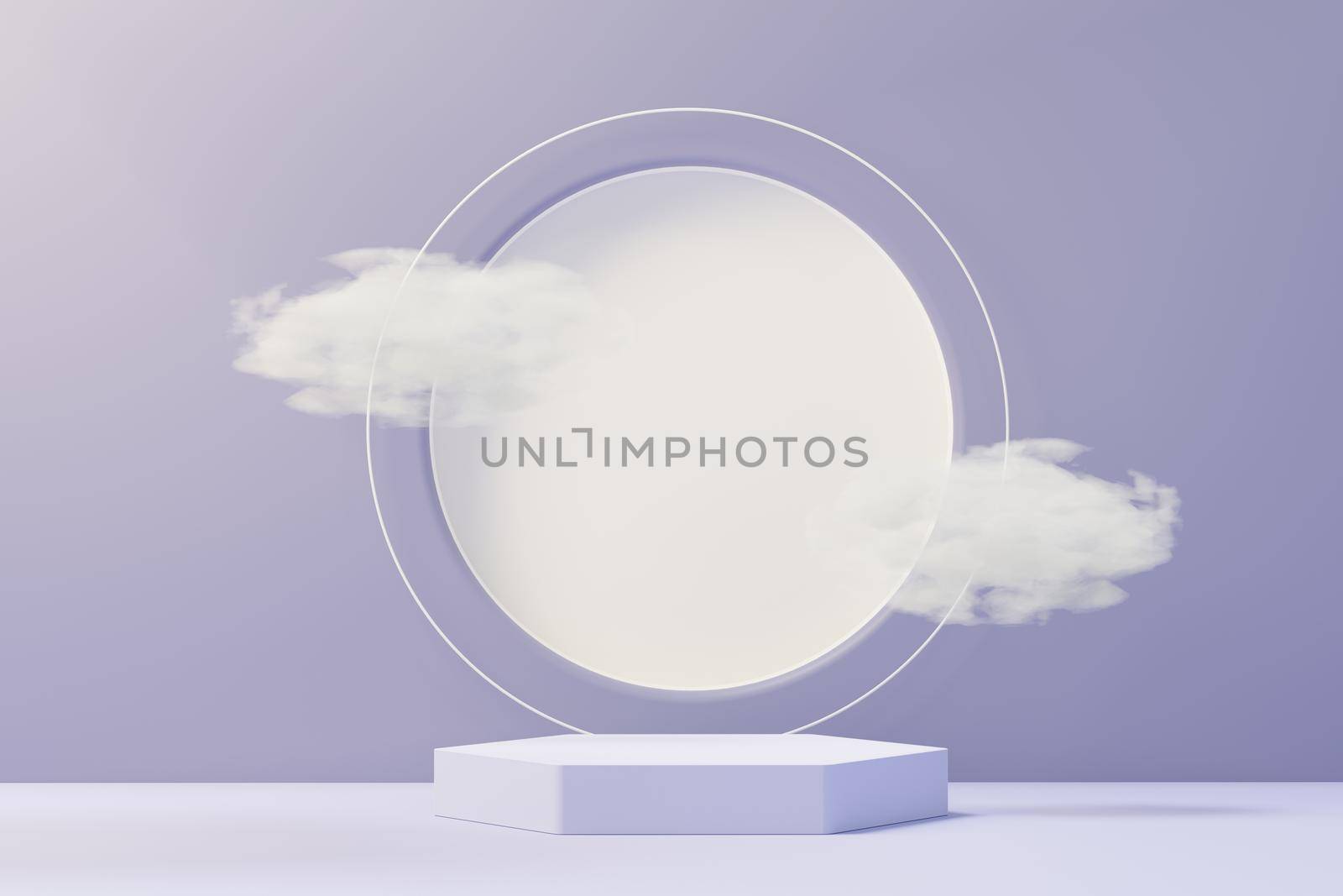 3d render of Beauty podium with Very Peri color of the year 2022 design for product presentation and advertising. Minimal pastel sky and Dreamy land scene. Romance concept.