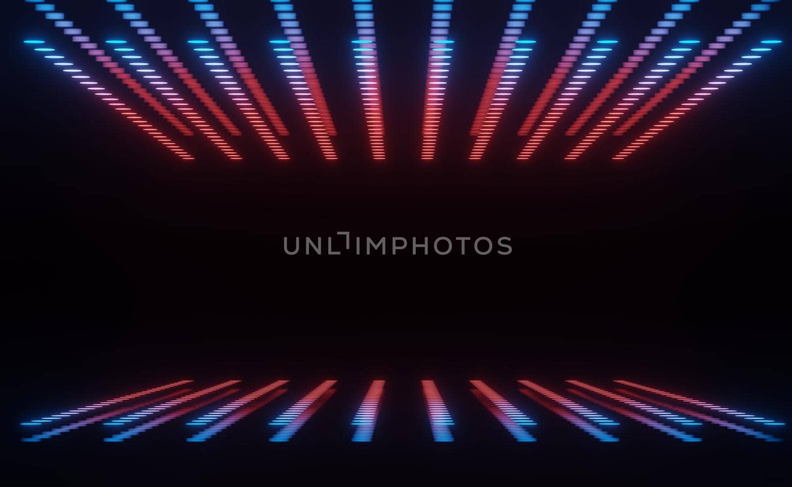 3d render of RGB neon light on darkness background. Abstract Laser lines show at night. Ultraviolet spectrum beam scene for mock up and web banner.