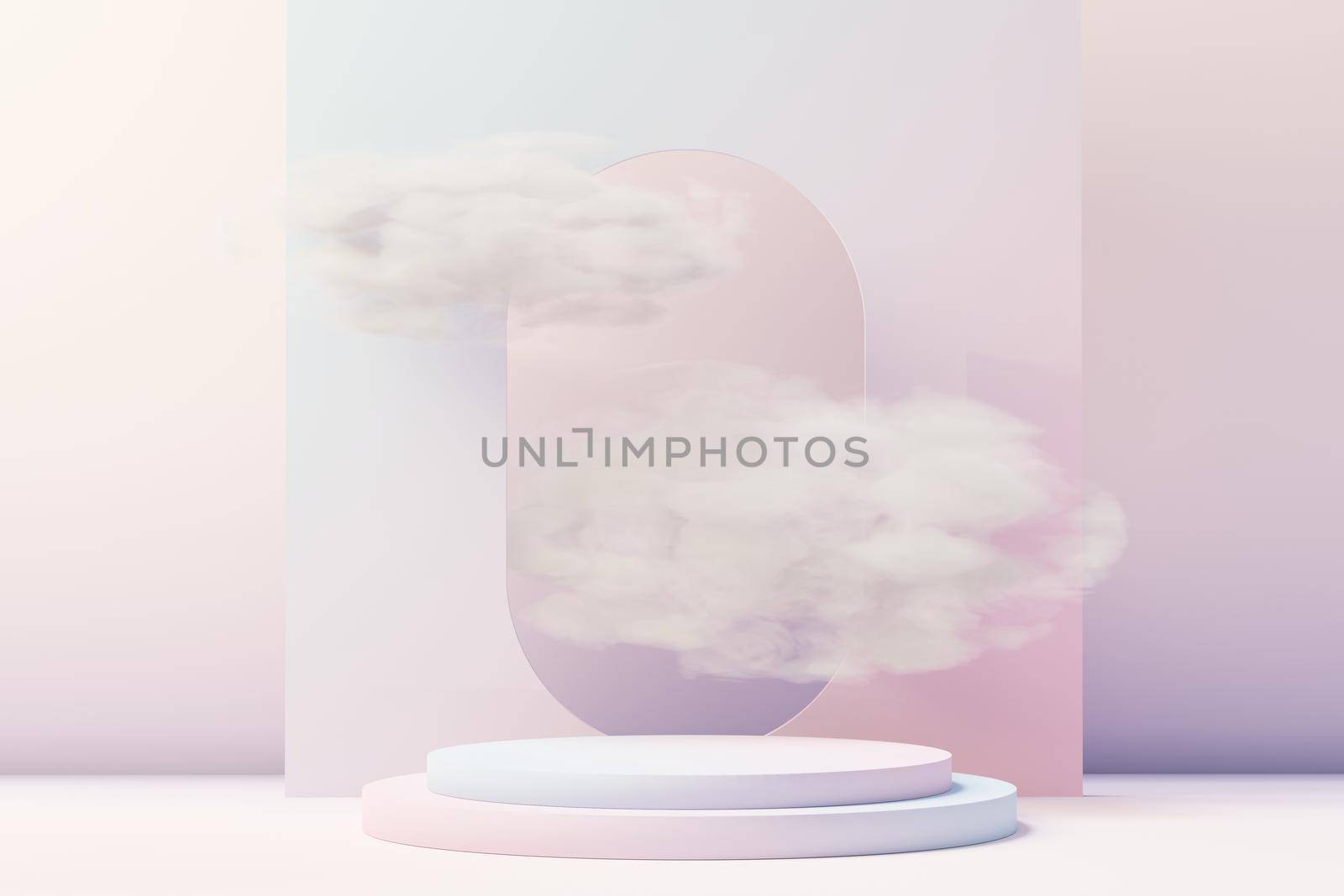 3d Beauty premium pedestal product display with Dreaming land and fluffy cloud. Minimal pastel sky and clouds scene for present product promotion and beauty cosmetics. Romance land of Dreams concept.