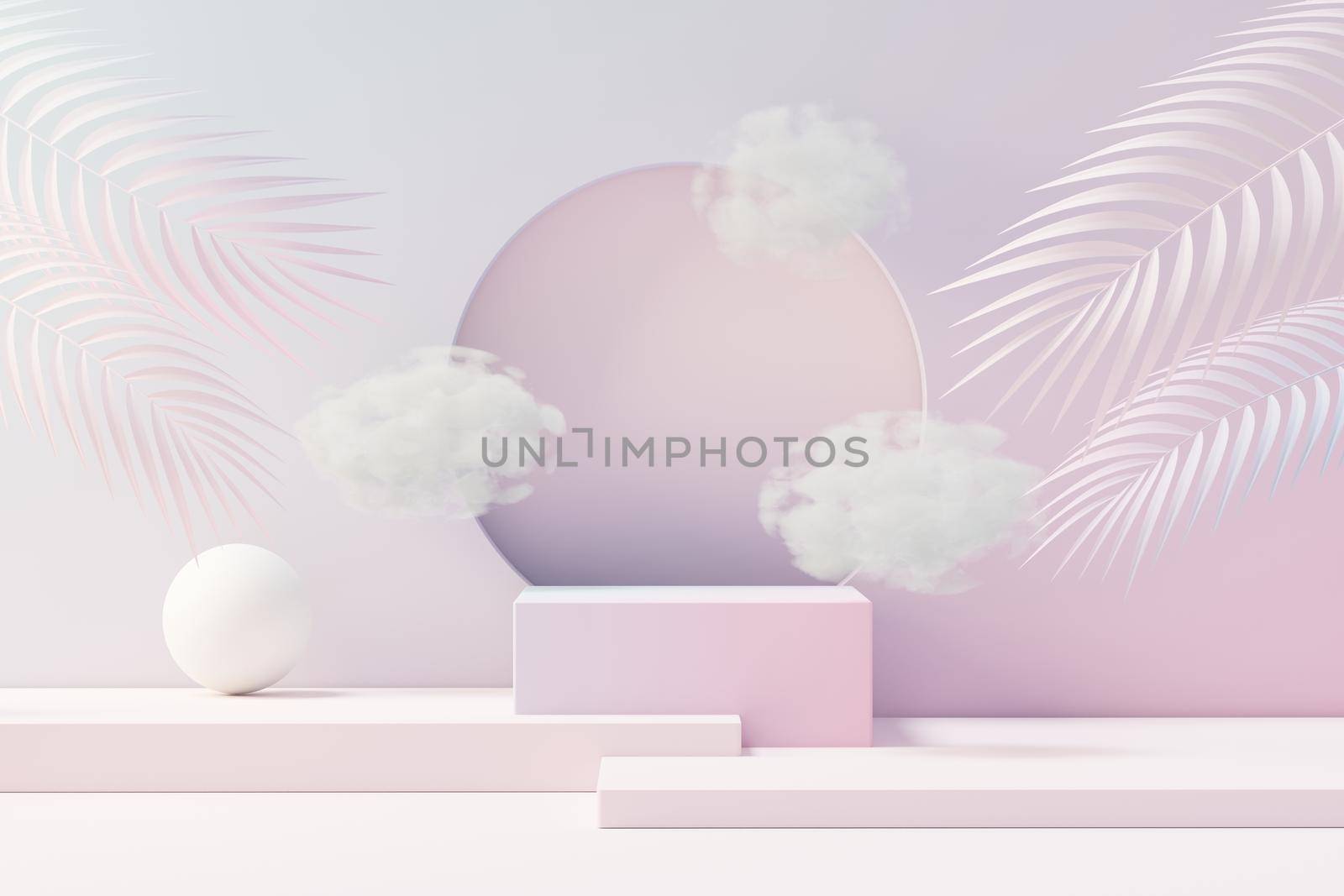 3d Beauty premium pedestal product display with Dreaming land and fluffy cloud. Minimal pastel sky and clouds scene for present product promotion and beauty cosmetics. Romance land of Dreams concept. by tanatpon13p