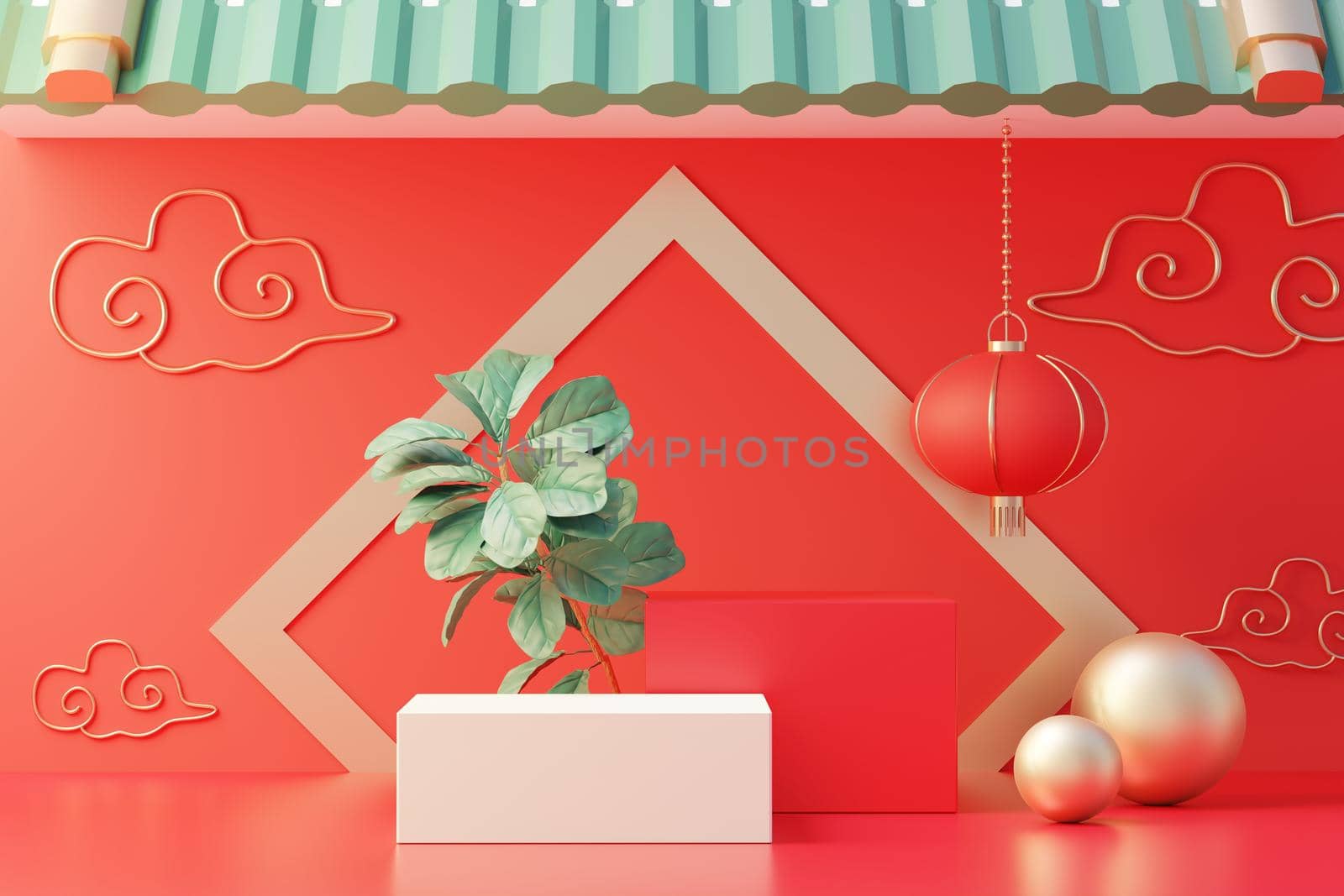 3d rendering of minimal scene of blank podium with Chinese lunar new year theme. Display stand for product presentation mock up. Cylinder stage in Chinese traditional texture with simple design.