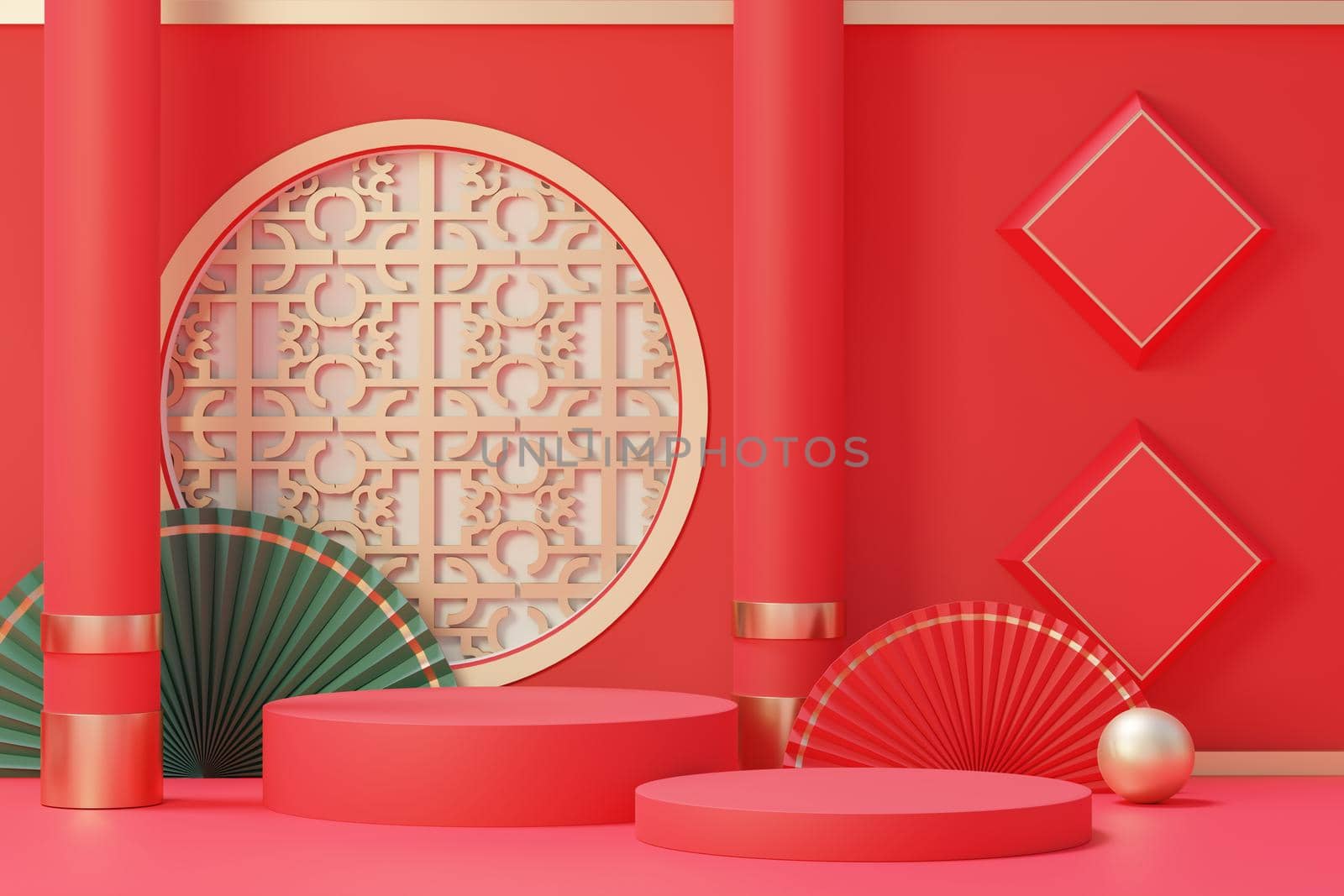 3d rendering of minimal scene of blank podium with Chinese lunar new year theme. Display stand for product presentation mock up. Cylinder stage in Chinese traditional texture with simple design.