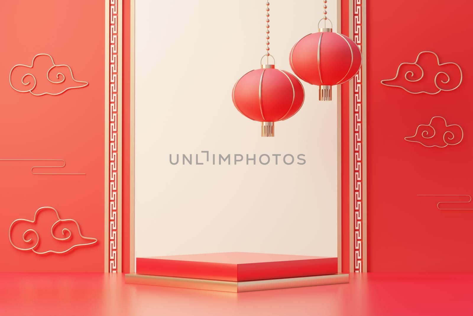 3d rendering of minimal scene of blank podium with Chinese lunar new year theme. Display stand for product presentation mock up. Cylinder stage in Chinese traditional texture with simple design.