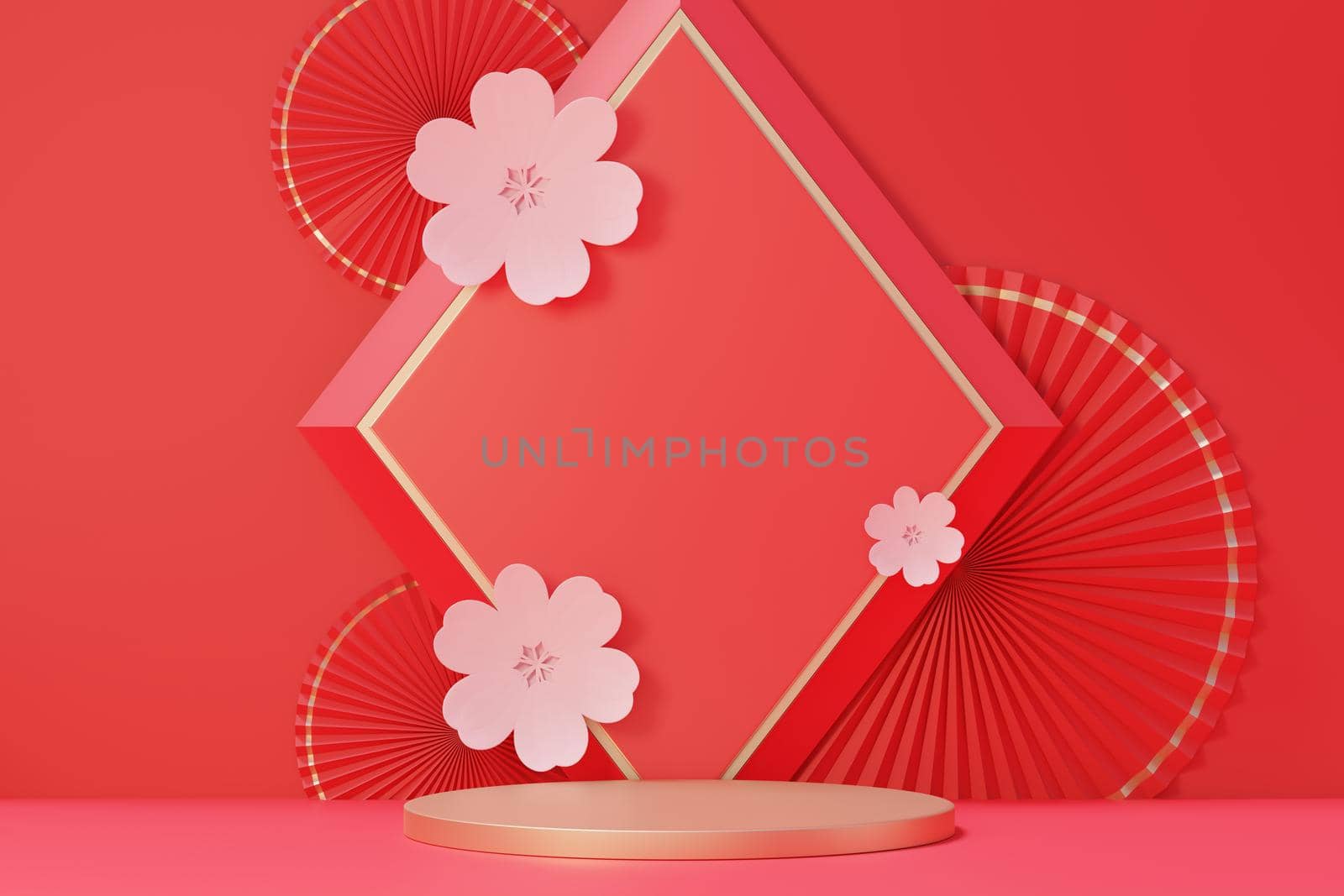 3d rendering of minimal scene of blank podium with Chinese lunar new year theme. Display stand for product presentation mock up. Chinese traditional texture.  by tanatpon13p