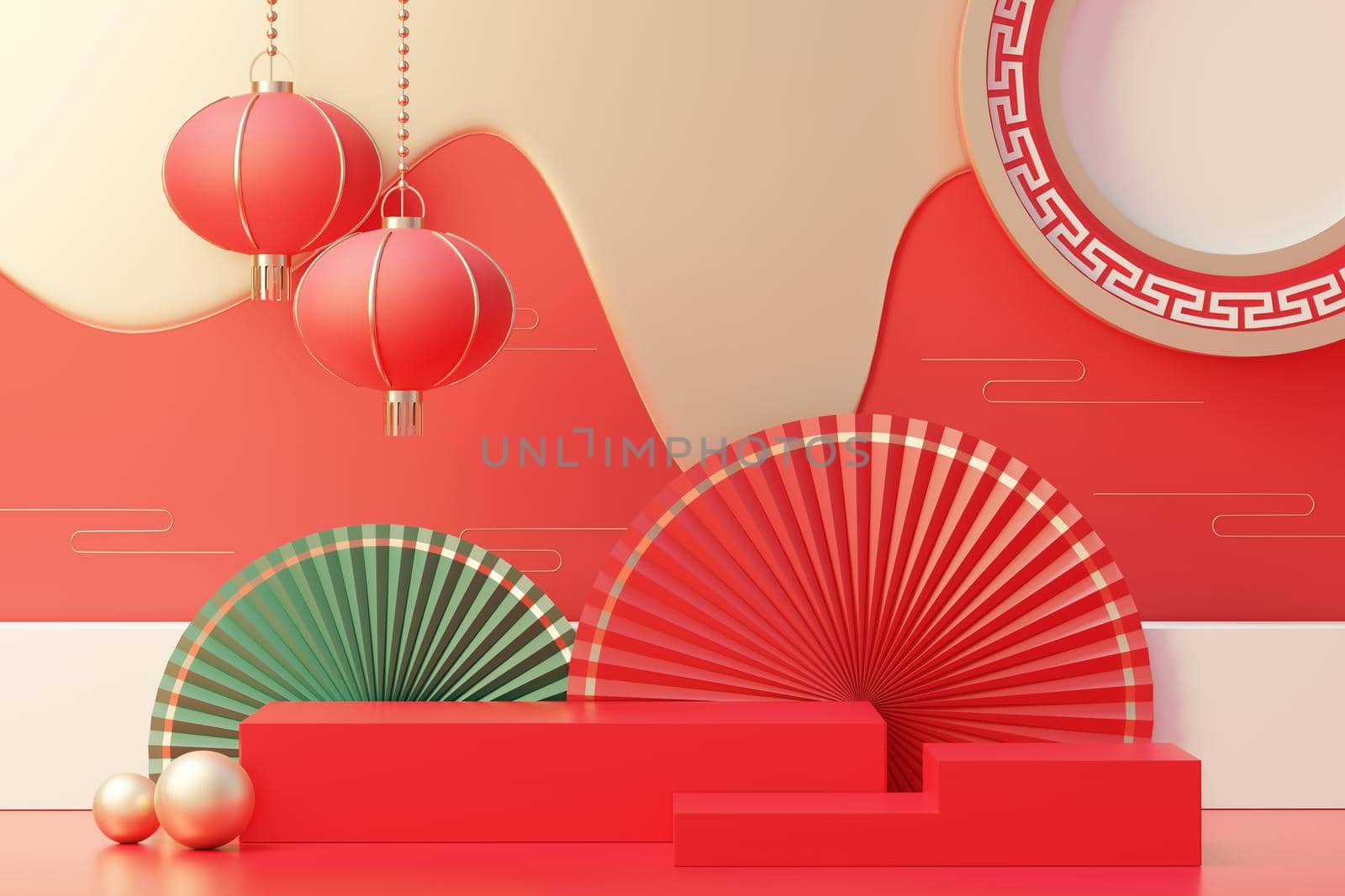 3d rendering of minimal scene of blank podium with Chinese lunar new year theme. Display stand for product presentation mock up. Cylinder stage in Chinese traditional texture with simple design.