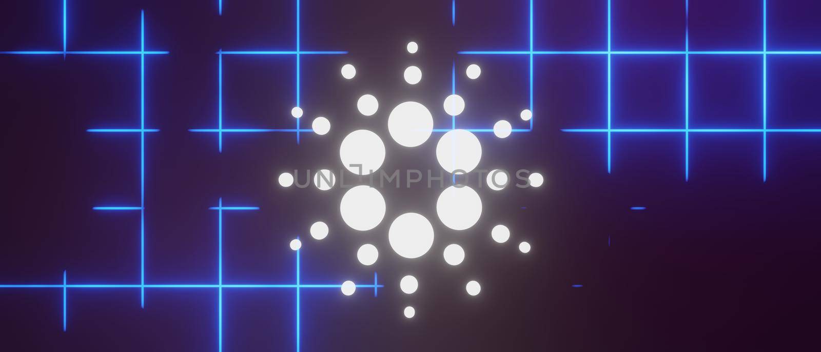 3d render of cryptocurrency Cardano or ADA coins with technology network neon laser light. Cryptocurrency digital currency concept. New virtual money exchange in blockchain.