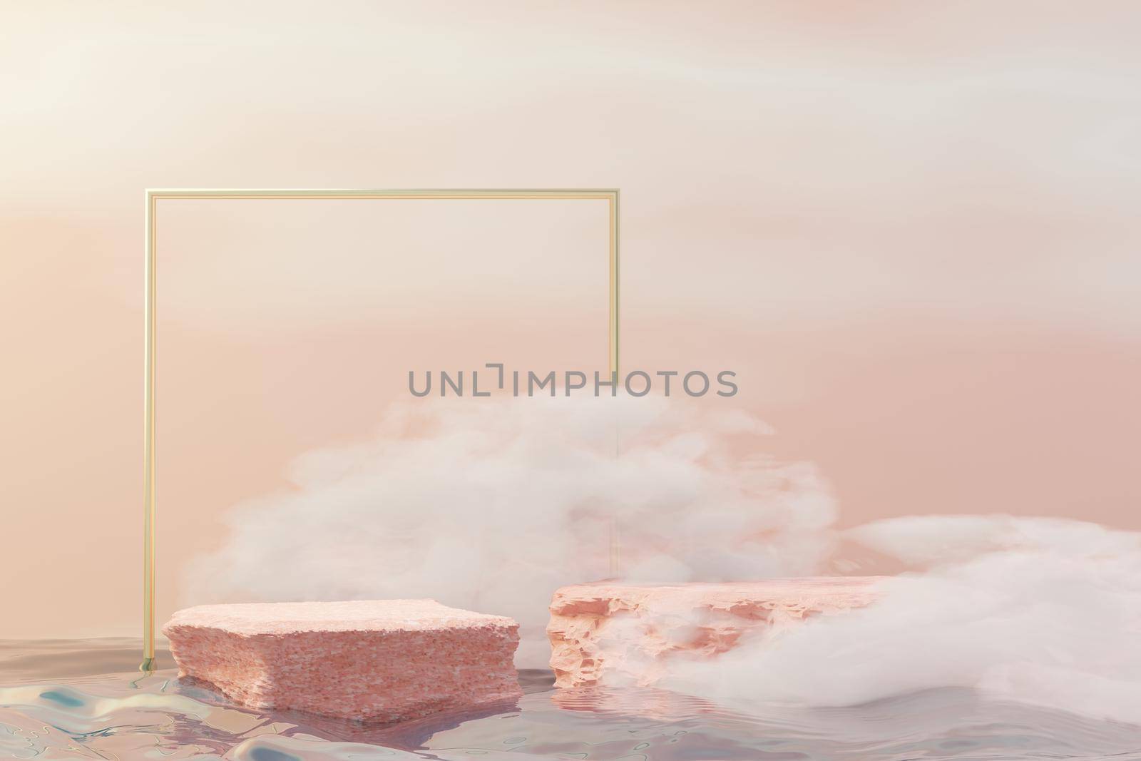 3d Beauty premium pedestal product display with Dreaming land and fluffy cloud. Minimal pink sky and clouds scene for present product promotion and beauty cosmetics. Romance land of Dreams concept.