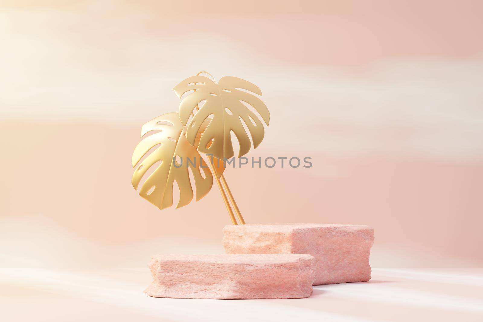 3d render of rock podium display with Tropical nature scene. Product and promotion concept for advertising. Abstract Stone pedestal for presentation objects.